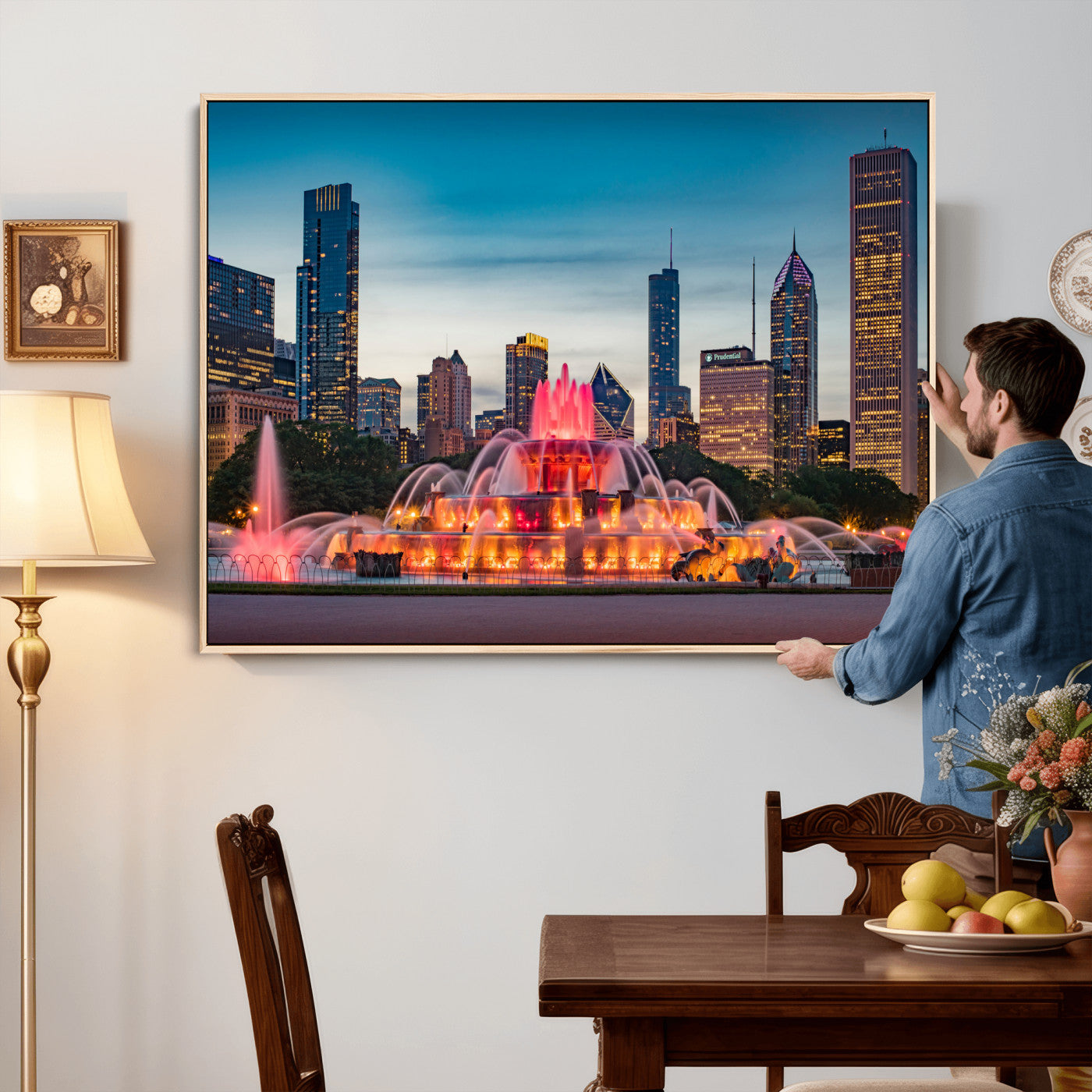 46805285-MGV-CV-36X24 - Chicago Wall Art Canvas Print, Chicago City Downtown Night Cityscape Print for Modern Urban Wall Decor