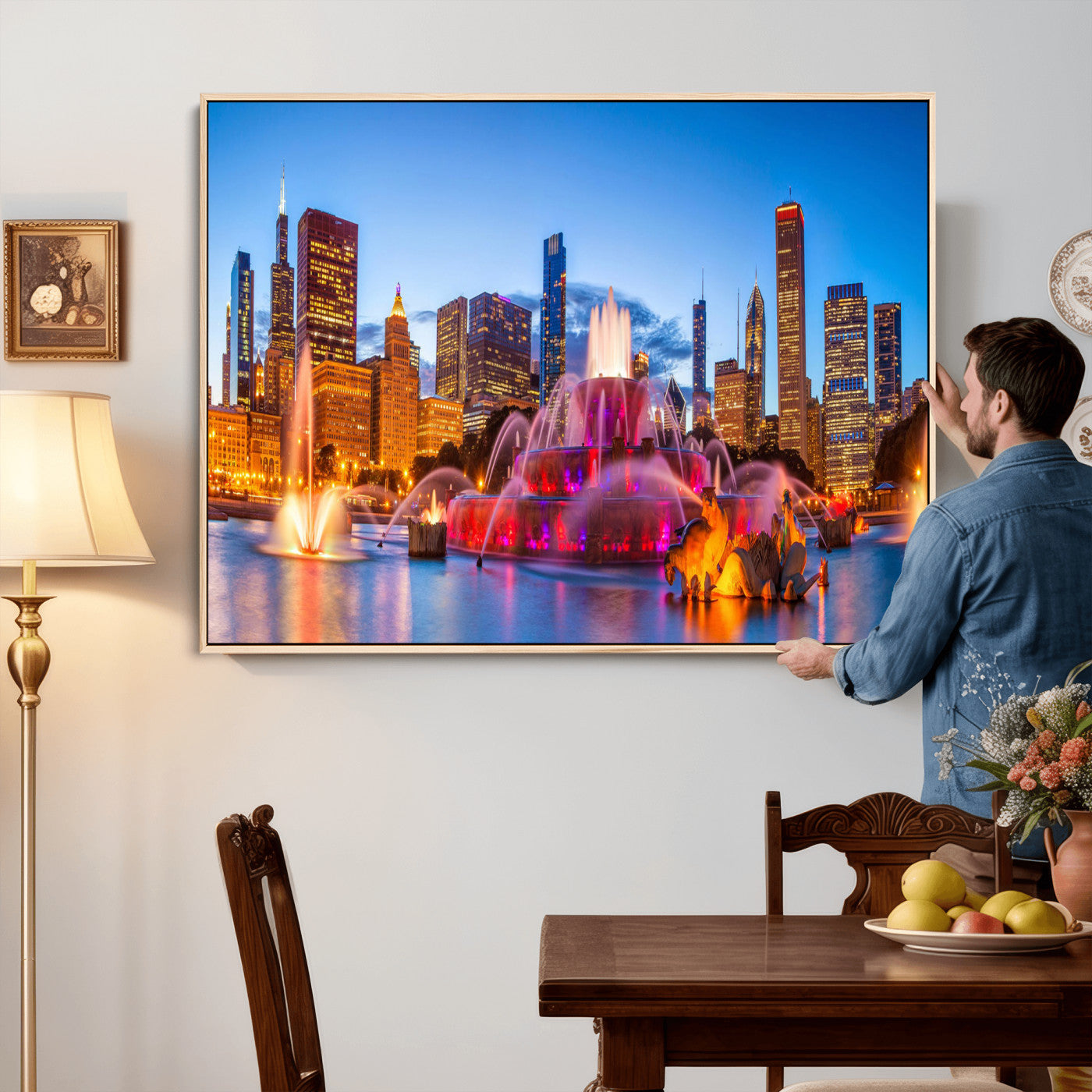 20251989-MGV-CV-36X24 - Chicago Wall Art Canvas Print, Chicago City Downtown Night Cityscape Print for Modern Urban Wall Decor