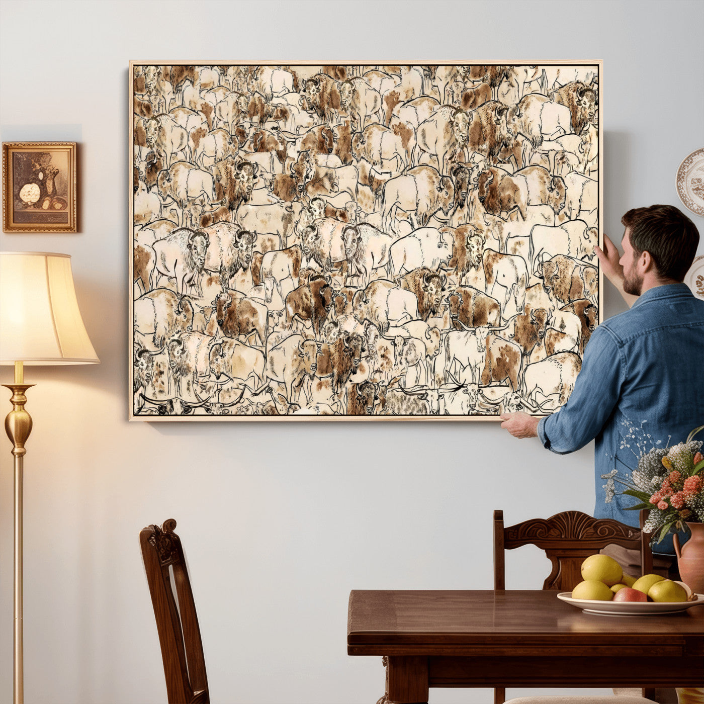 50142019-MGV-CV-36X24 - Farmhouse Animals Wall Art Canvas Print - Abstract Farm Animal Drawing Mid-Century Wall Art for Cabin Decor