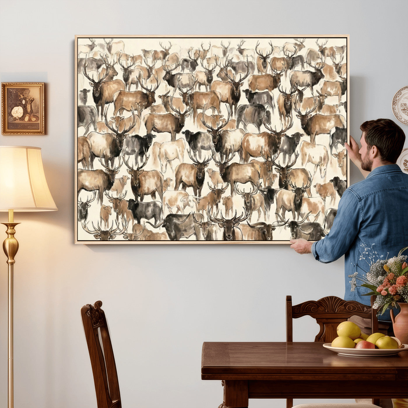 24374881-MGV-CV-36X24 - Farmhouse Animals Wall Art Canvas Print - Abstract Farm Animal Drawing Mid-Century Wall Art for Cabin Decor