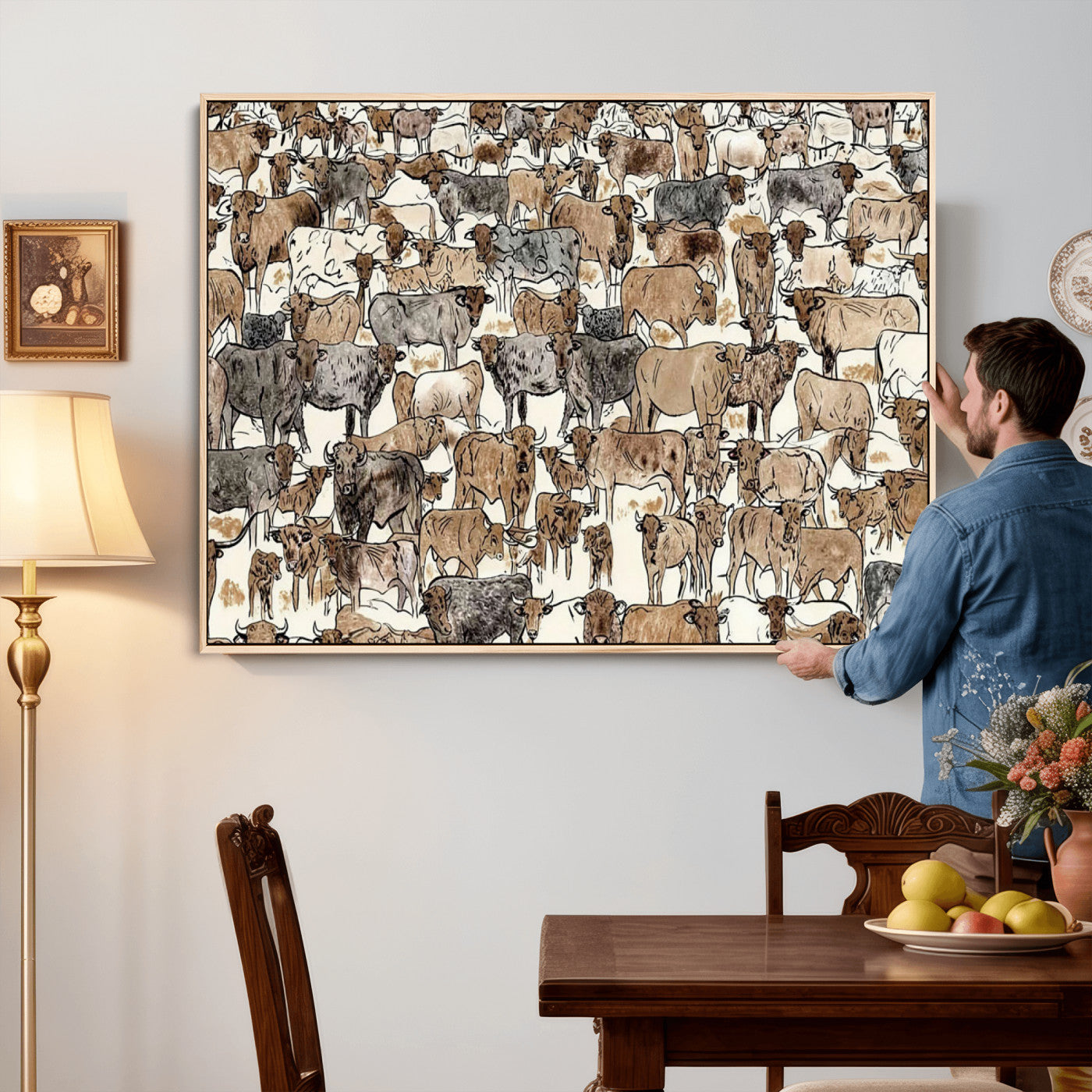 76902119-MGV-CV-36X24 - Farmhouse Animals Wall Art Canvas Print - Abstract Farm Animal Drawing Mid-Century Wall Art for Cabin Decor