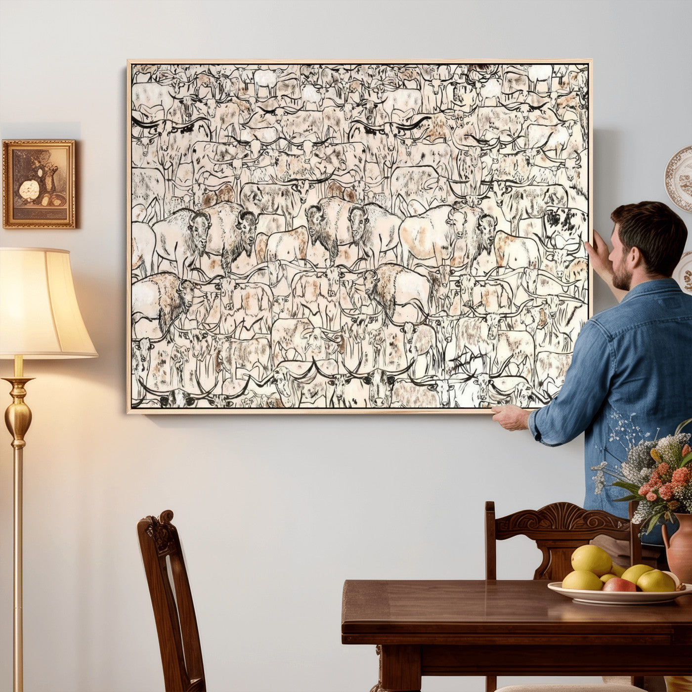 36925875-MGV-CV-36X24 - Farmhouse Animals Wall Art Canvas Print - Abstract Farm Animal Drawing Mid-Century Wall Art for Cabin Decor