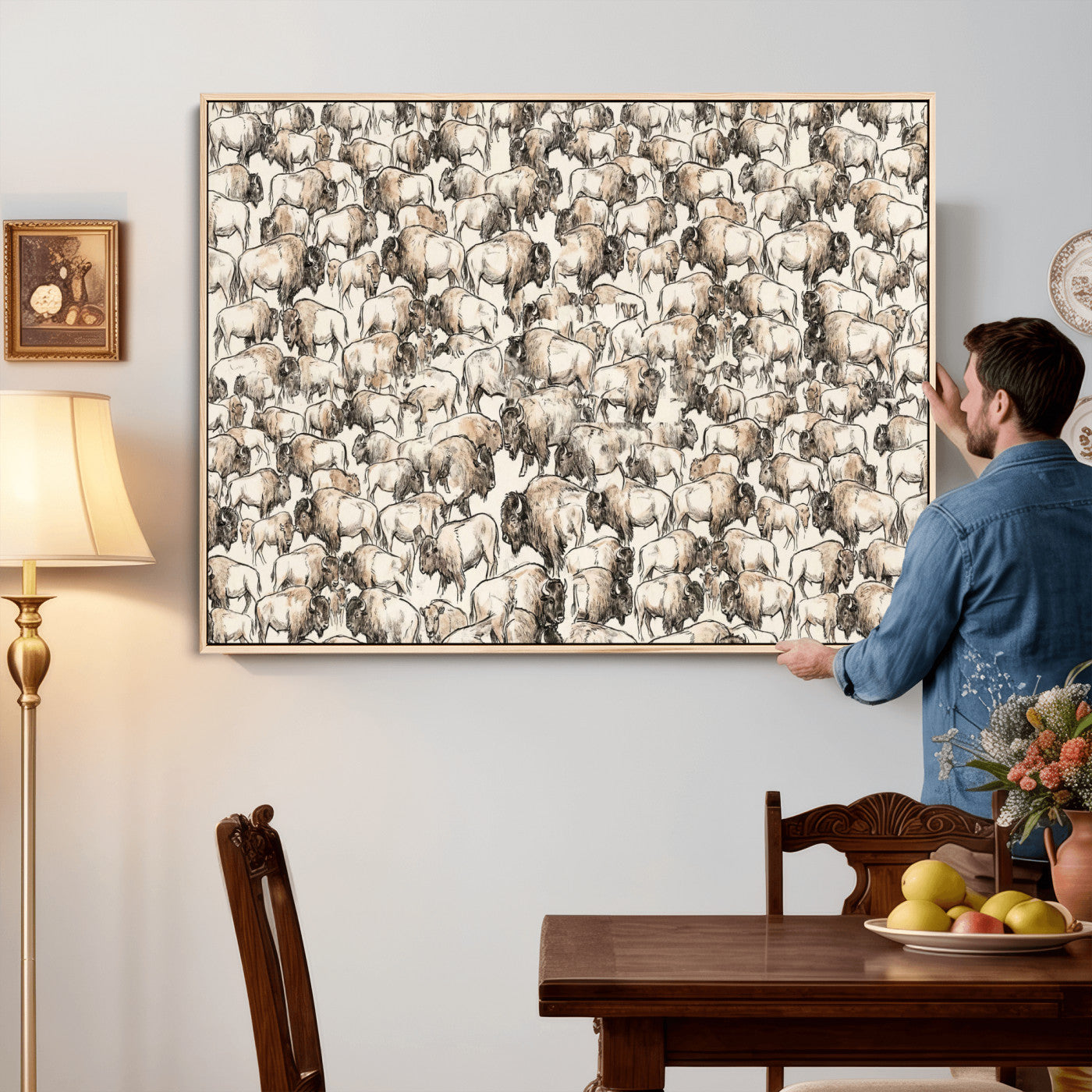 77502929-MGV-CV-36X24 - Farmhouse Animals Wall Art Canvas Print - Abstract Farm Animal Drawing Mid-Century Wall Art for Cabin Decor
