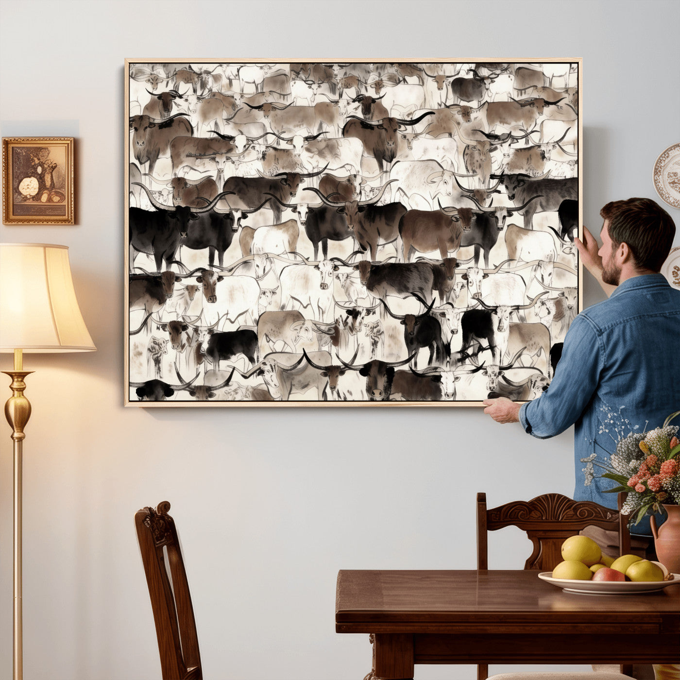 46084312-MGV-CV-36X24 - Farmhouse Animals Wall Art Canvas Print - Abstract Farm Animal Drawing Mid-Century Wall Art for Cabin Decor