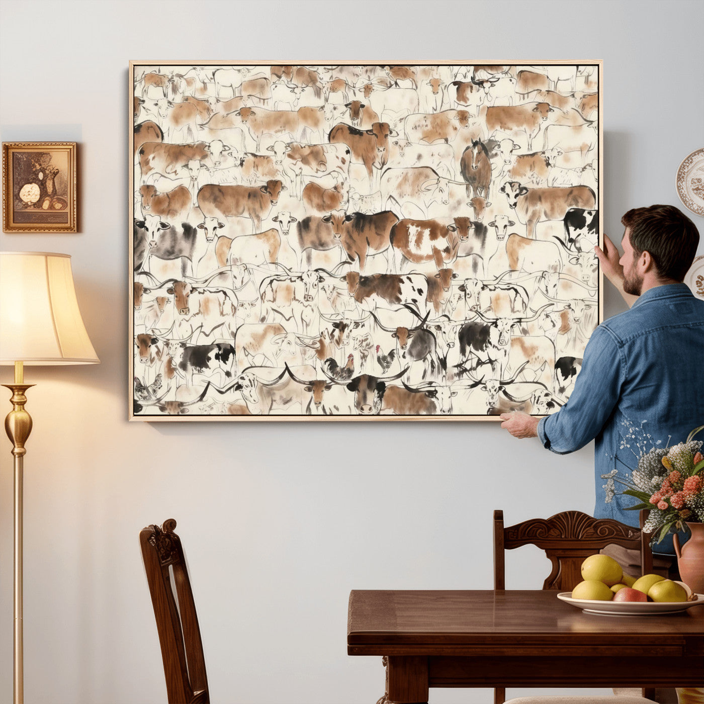 69961368-MGV-CV-36X24 - Farmhouse Animals Wall Art Canvas Print - Abstract Farm Animal Drawing Mid-Century Wall Art for Cabin Decor