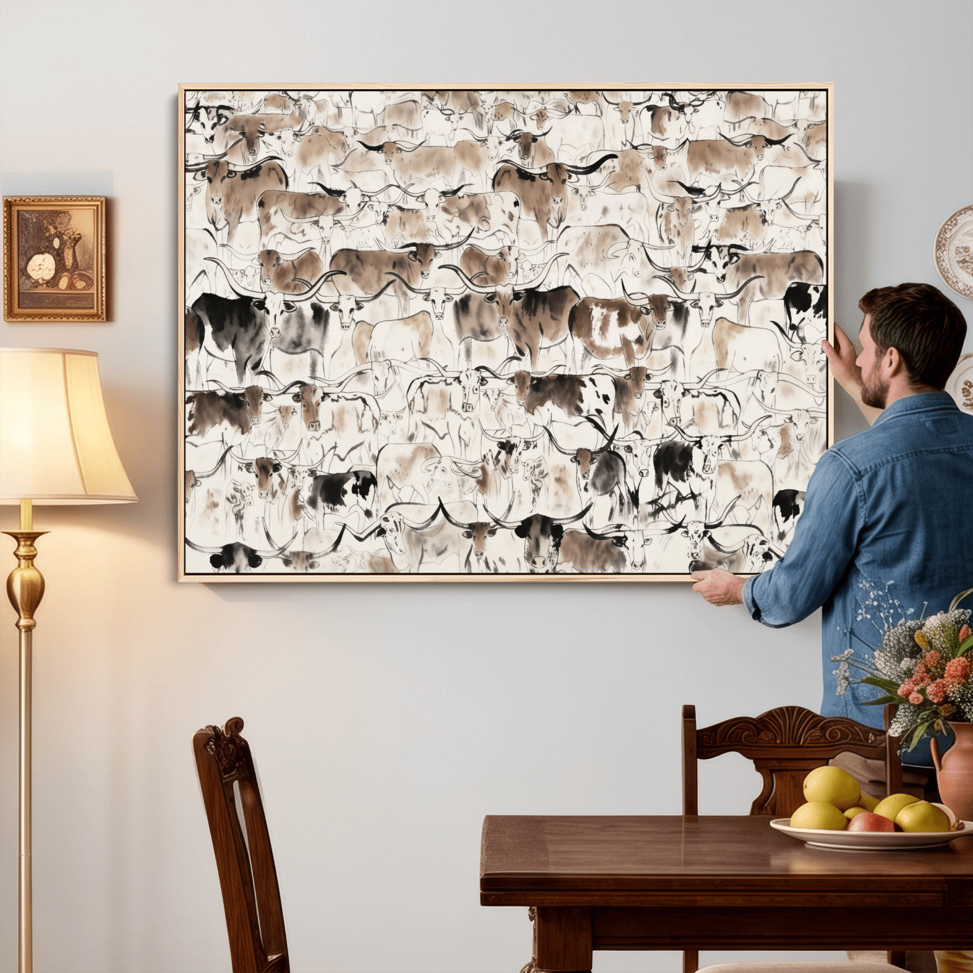 66685375-MGV-CV-36X24 - Farmhouse Animals Wall Art Canvas Print - Abstract Farm Animal Drawing Mid-Century Wall Art for Cabin Decor
