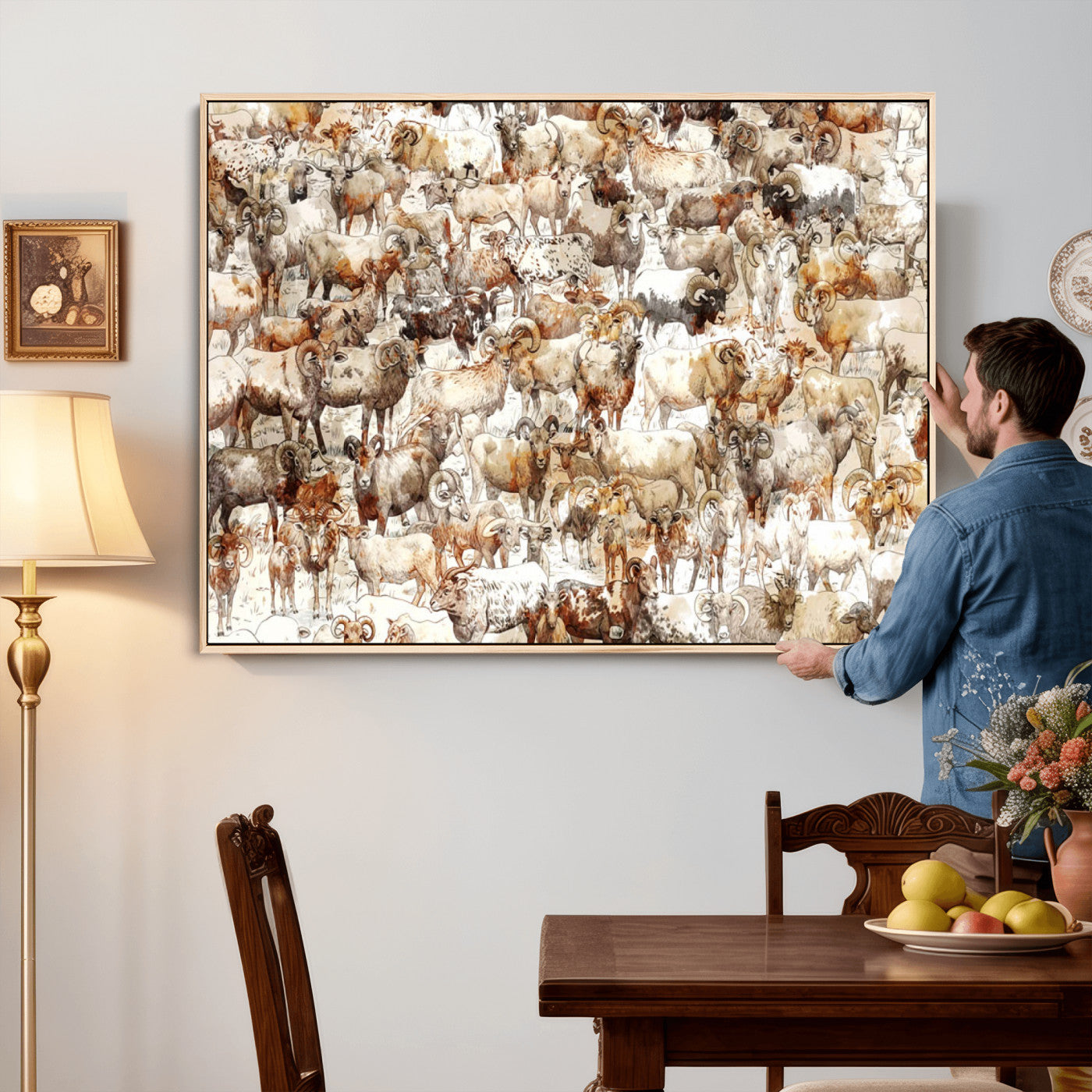 95103864-MGV-CV-36X24 - Farmhouse Animals Wall Art Canvas Print - Abstract Farm Animal Drawing Mid-Century Wall Art for Cabin Decor