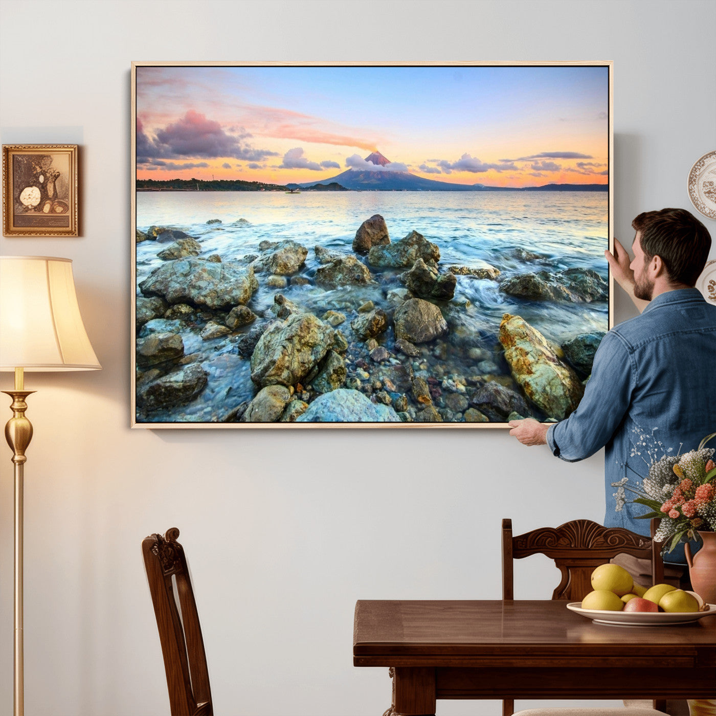 46869511-MGV-CV-36X24 - Mayon Volcano Seascape Landscape Wall Art Canvas Print, Tropical Ocean Shore Mountain Canvas Print, Philippines Coastal Scenic Art Printing