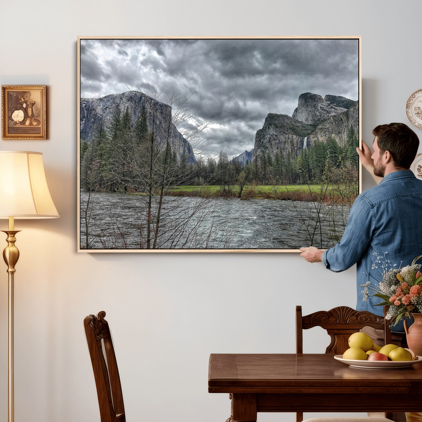 75582552-MGV-CV-36X24 - Yosemite Valley River Landscape Wall Art Canvas Print, Granite Cliffs Forest River Canvas Print, California National Park Moody Scenic Art Printi