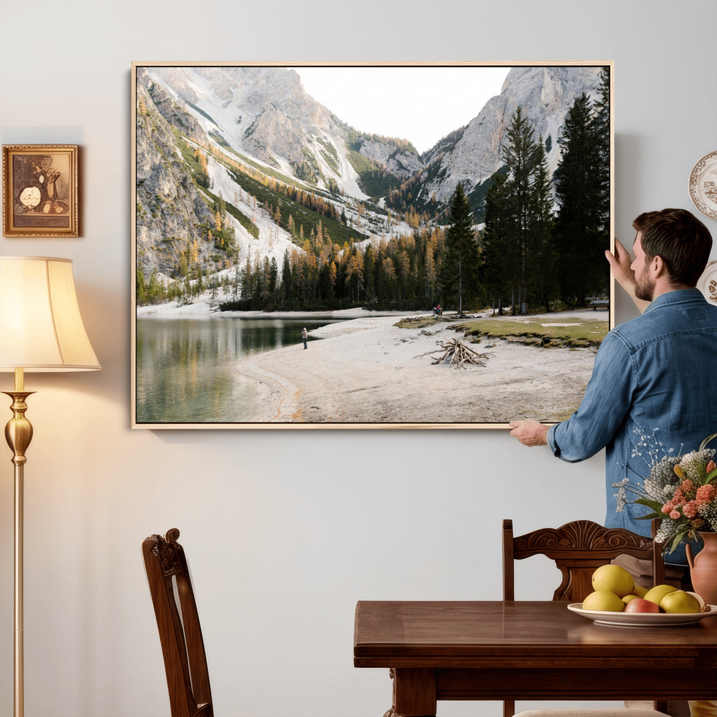 89246758-MGV-CV-36X24 - Lake Braies Alpine Landscape Wall Art Canvas Print, Dolomites Mountain Lake Forest Canvas Print, Italian Alps Scenic Nature Art Printing