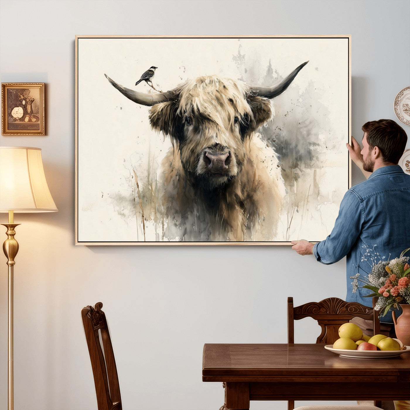 98249290-MGV-CV-36X24 - Abstract Highland Cow Watercolor Animal Wall Art Canvas Print, Rustic Farm Cattle Portrait Canvas Print, Neutral Wildlife Farmhouse Art Printing