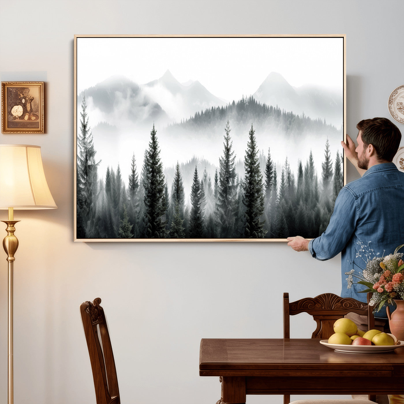 38819032-MGV-CV-36X24 - Misty Pine Forest Mountain Landscape Wall Art Canvas Print, Foggy Evergreen Trees Minimal Nature Canvas Print, Monochrome Wilderness Scenic Art Printing