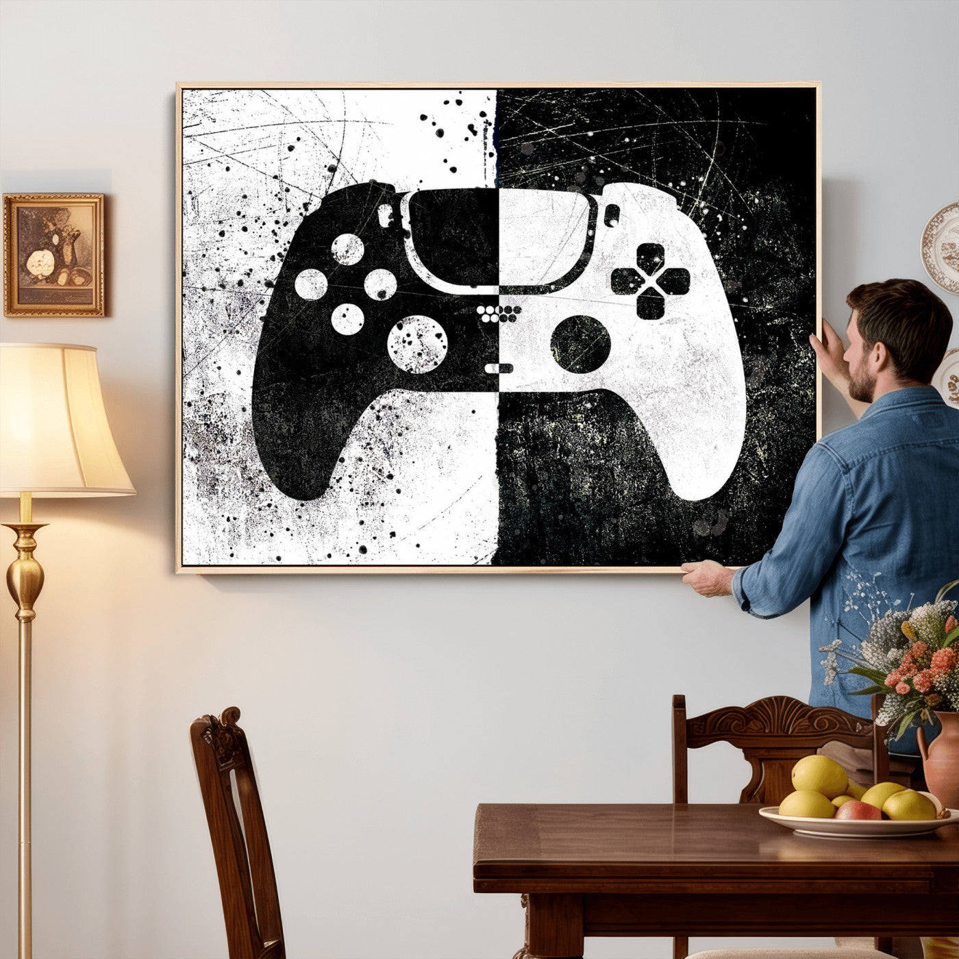 17525128-MGV-CV-36X24 - Abstract Gaming Controller Wall Art Canvas Print, Black White Video Game Controller Modern Canvas Print, Minimal Gamer Graphic Art Printing