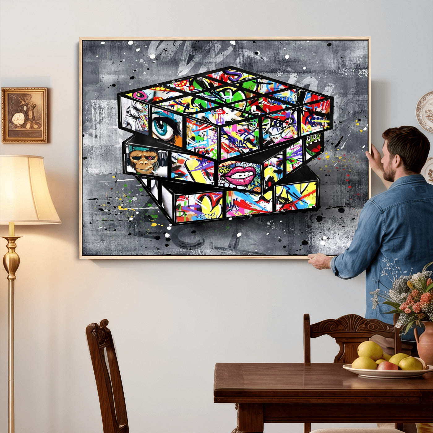 46789556-MGV-CV-36X24 - Graffiti Cube Abstract Street Art Wall Art Canvas Print, Colorful Urban Pop Art Geometric Canvas Print, Modern Street Art Contemporary Art Printing