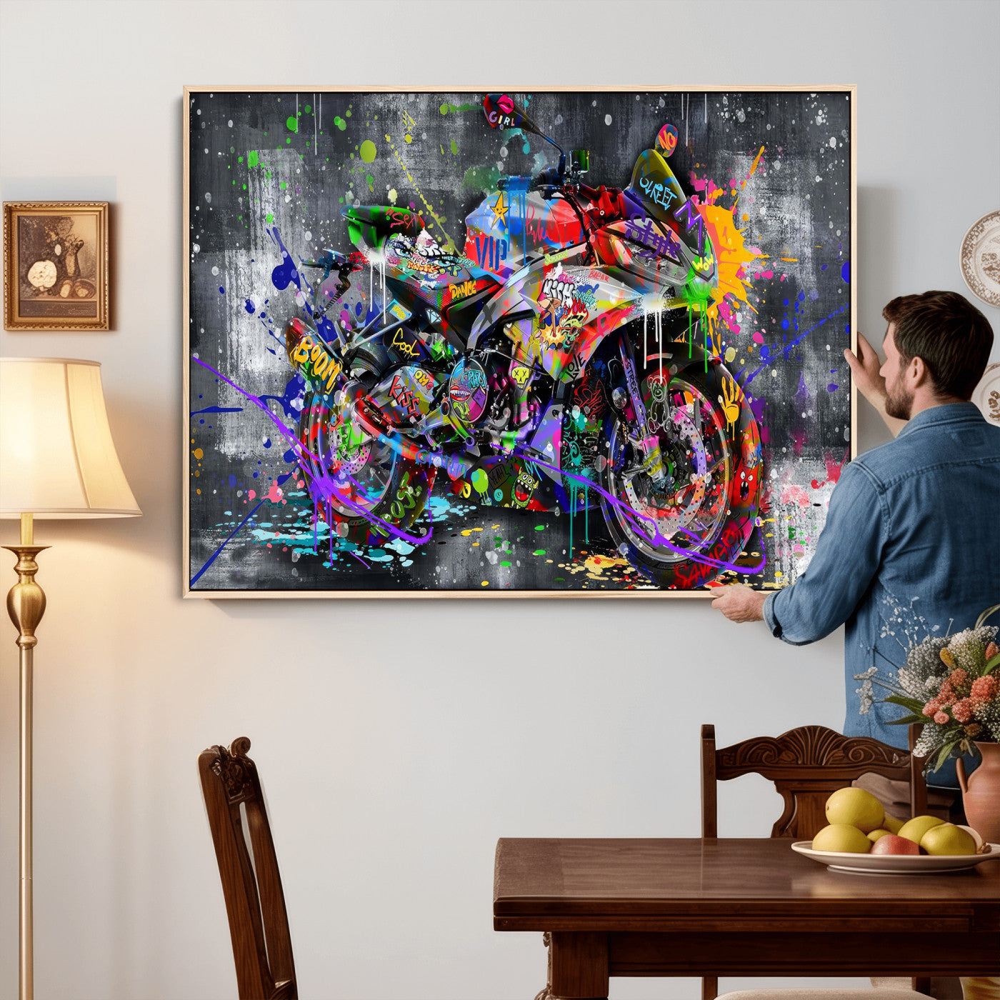 83021767-MGV-CV-36X24 - Graffiti Motorcycle Wall Art Canvas Print, Urban Street Art Motorbike Decor, Colorful Graffiti Sports Bike Artwork