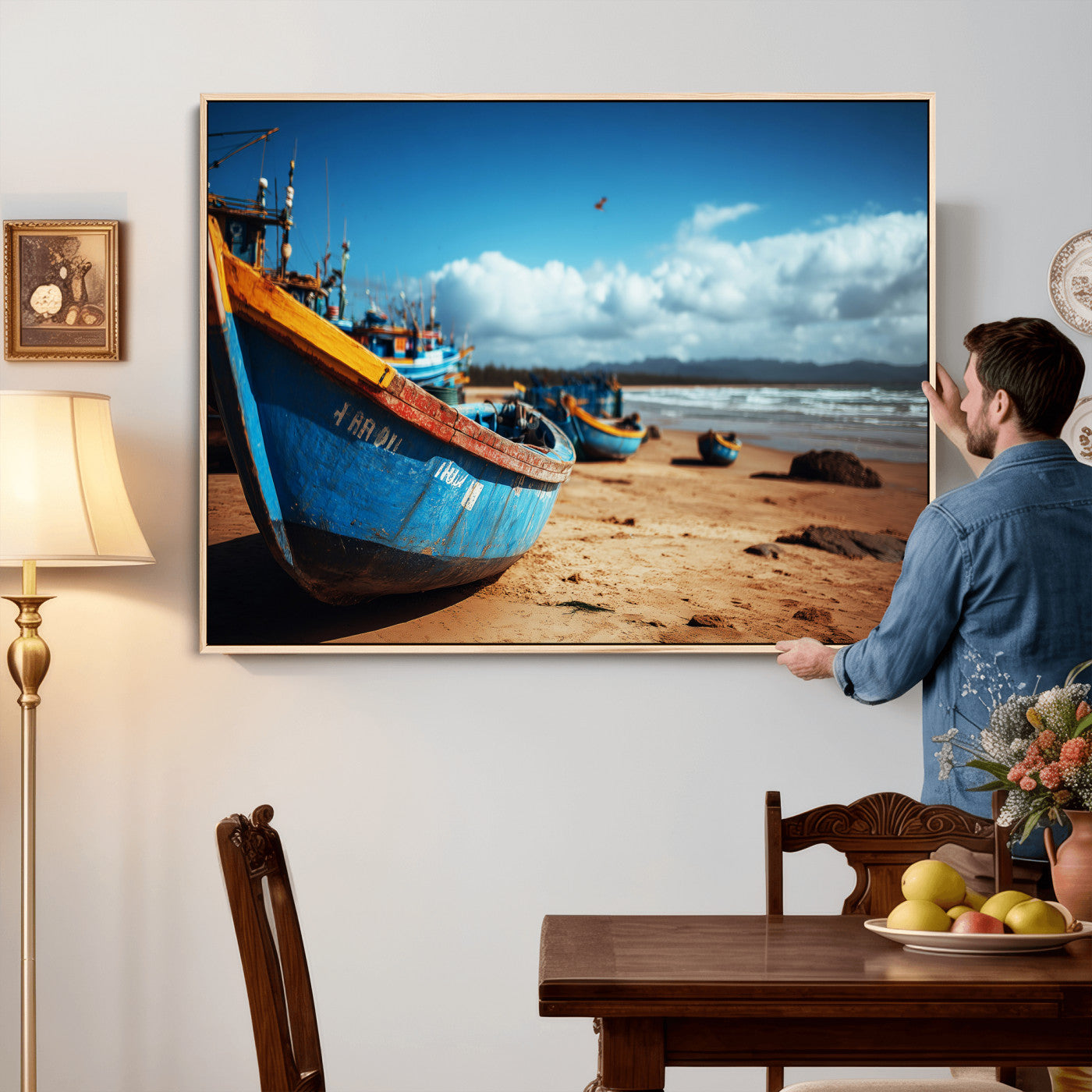 70925201-MGV-CV-36X24 - Fishing Boats Wall Art Canvas Print, Coastal Boat Beach Scene, Nautical Seaside Artwork, Ocean Shore Decor, Coastal Home Wall Art