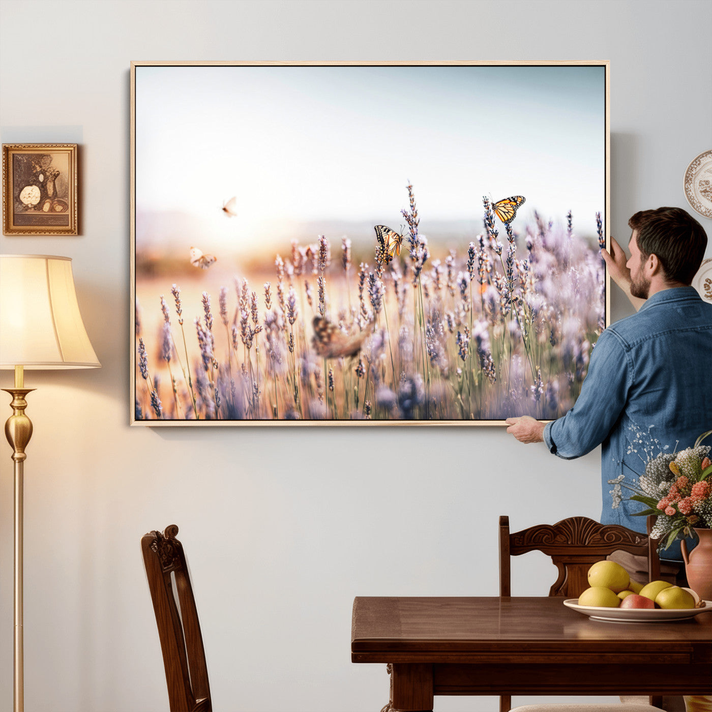 46417478-MGV-CV-36X24 - Lavender Field Wall Art Canvas Print, Butterfly Floral Landscape Art, Soft Nature Wall Decor for Bedroom