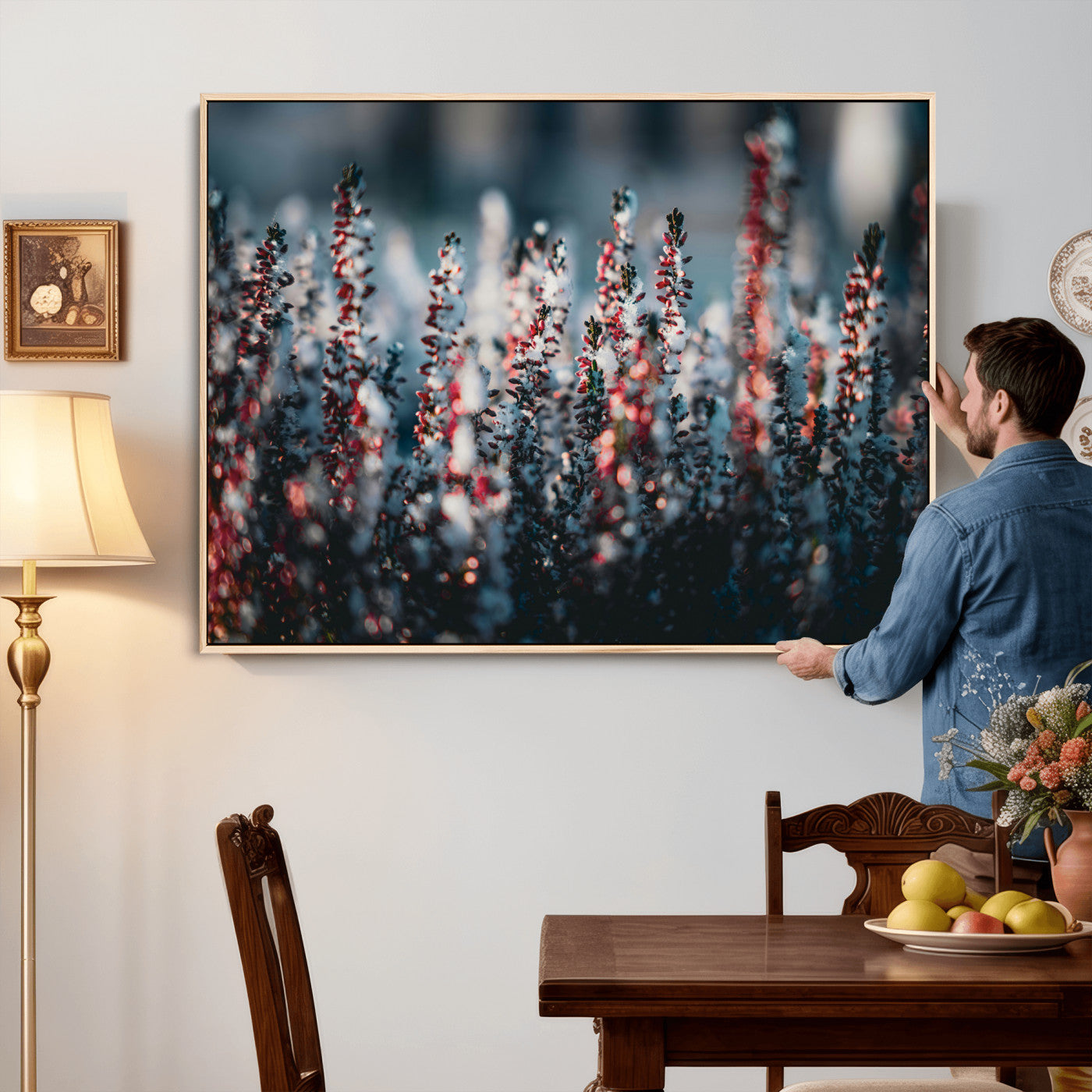 82063935-MGV-CV-36X24 - Winter Heather Wall Art Canvas Print, Frosted Floral Nature Art, Moody Botanical Wall Decor