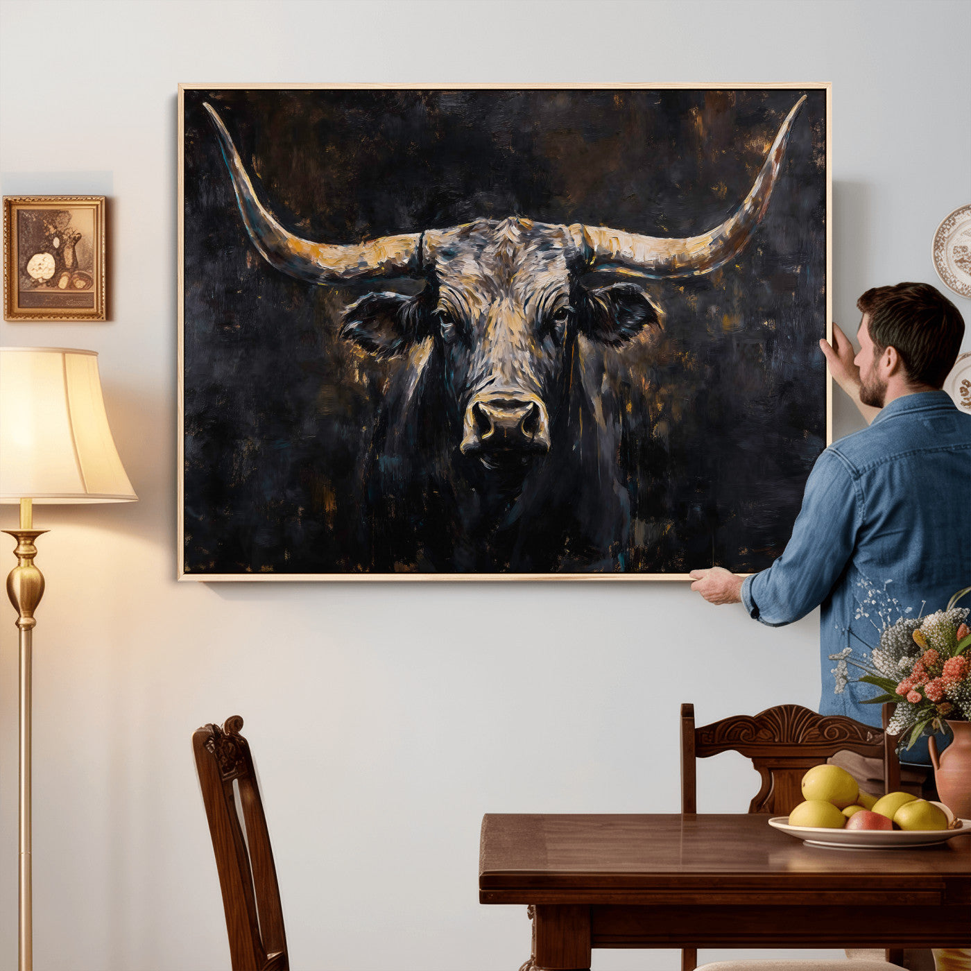 17622011-MGV-CV-36X24 - Abstract Longhorn Bull Wall Art Canvas Print – Dark Rustic Western Cattle Artwork for Farmhouse, Ranch, Cabin, and Office Decor