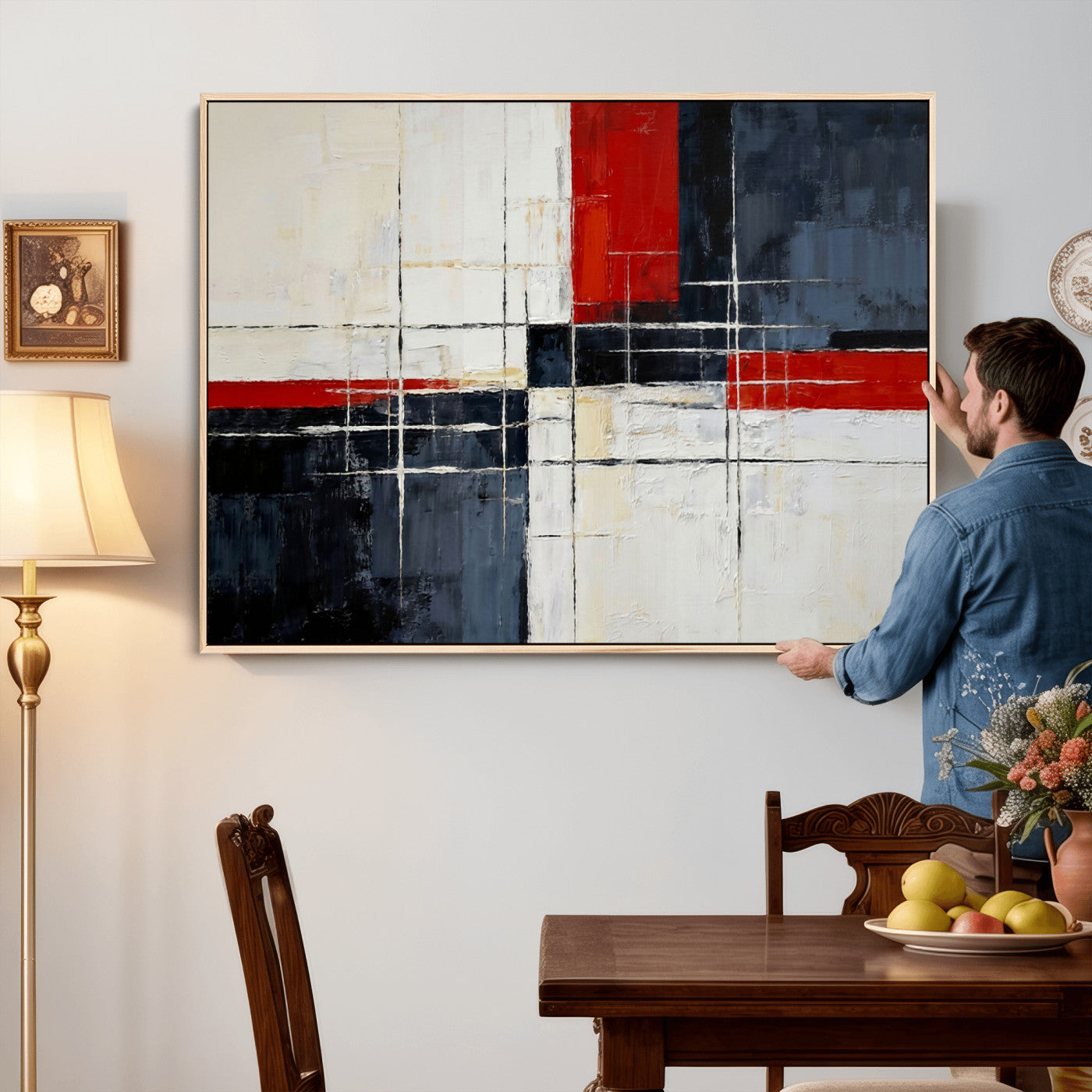 44088165-MGV-CV-36X24 - Navy Red Abstract Wall Art Canvas Print, Modern Luxury Geometric Painting Wall Decor for Living Room and Office