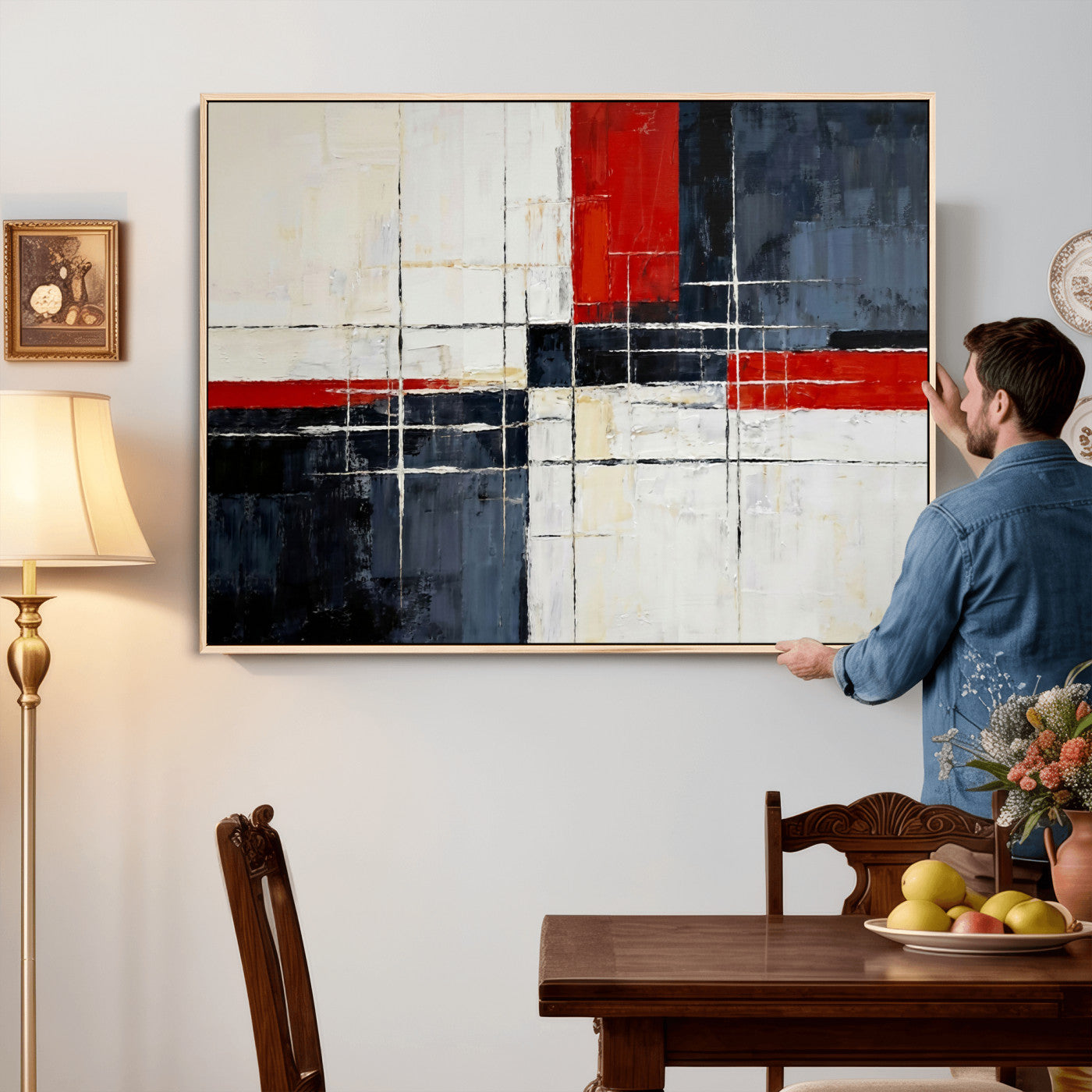 11921181-MGV-CV-36X24 - Navy Red Abstract Wall Art Canvas Print, Modern Luxury Geometric Painting Wall Decor for Living Room and Office