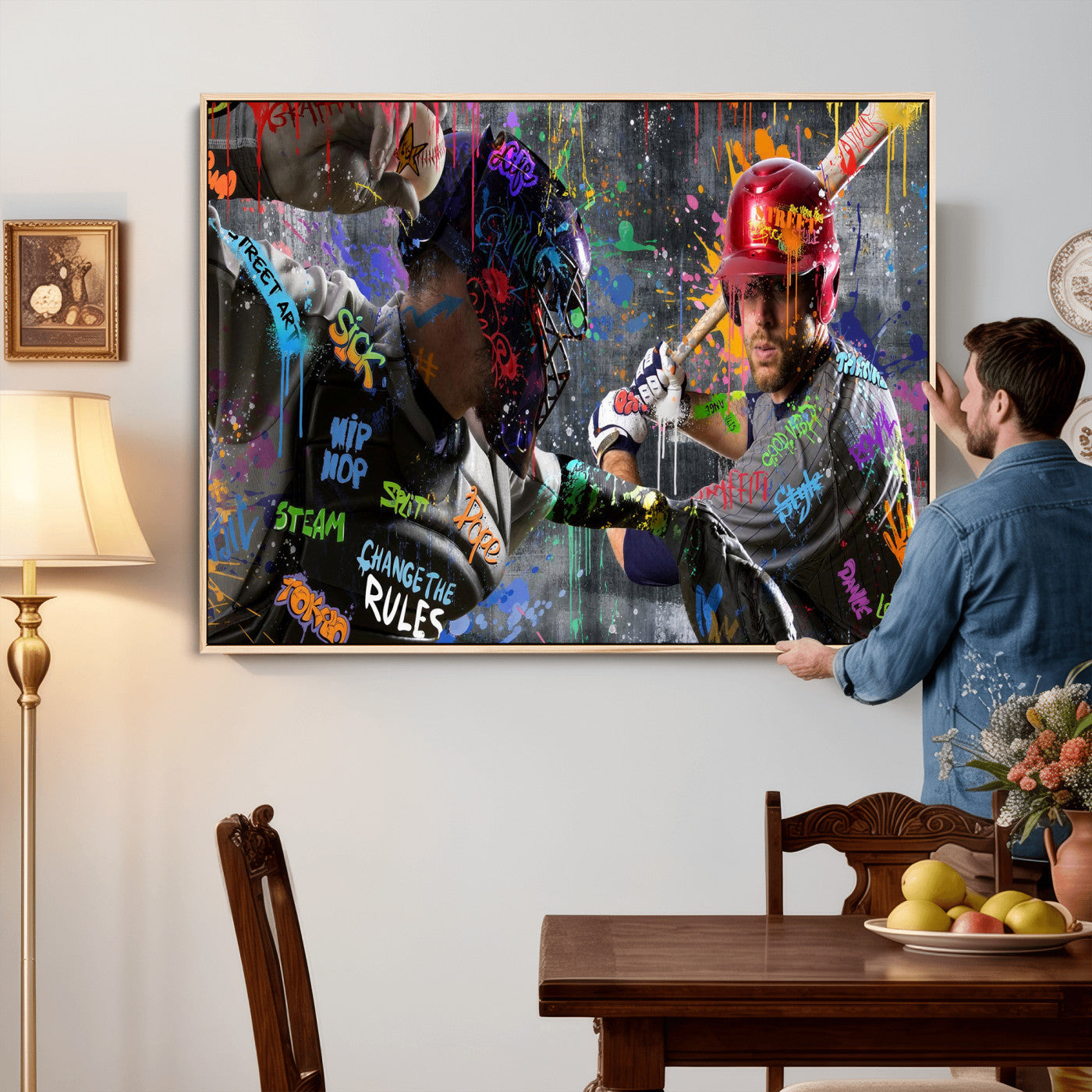 19634994-MGV-CV-36X24 - Graffiti Baseball Player Street Art Wall Art Canvas Print, Urban Sports Pop Art Baseball Canvas Print, Modern Athletic Graffiti Contemporary Art Printing