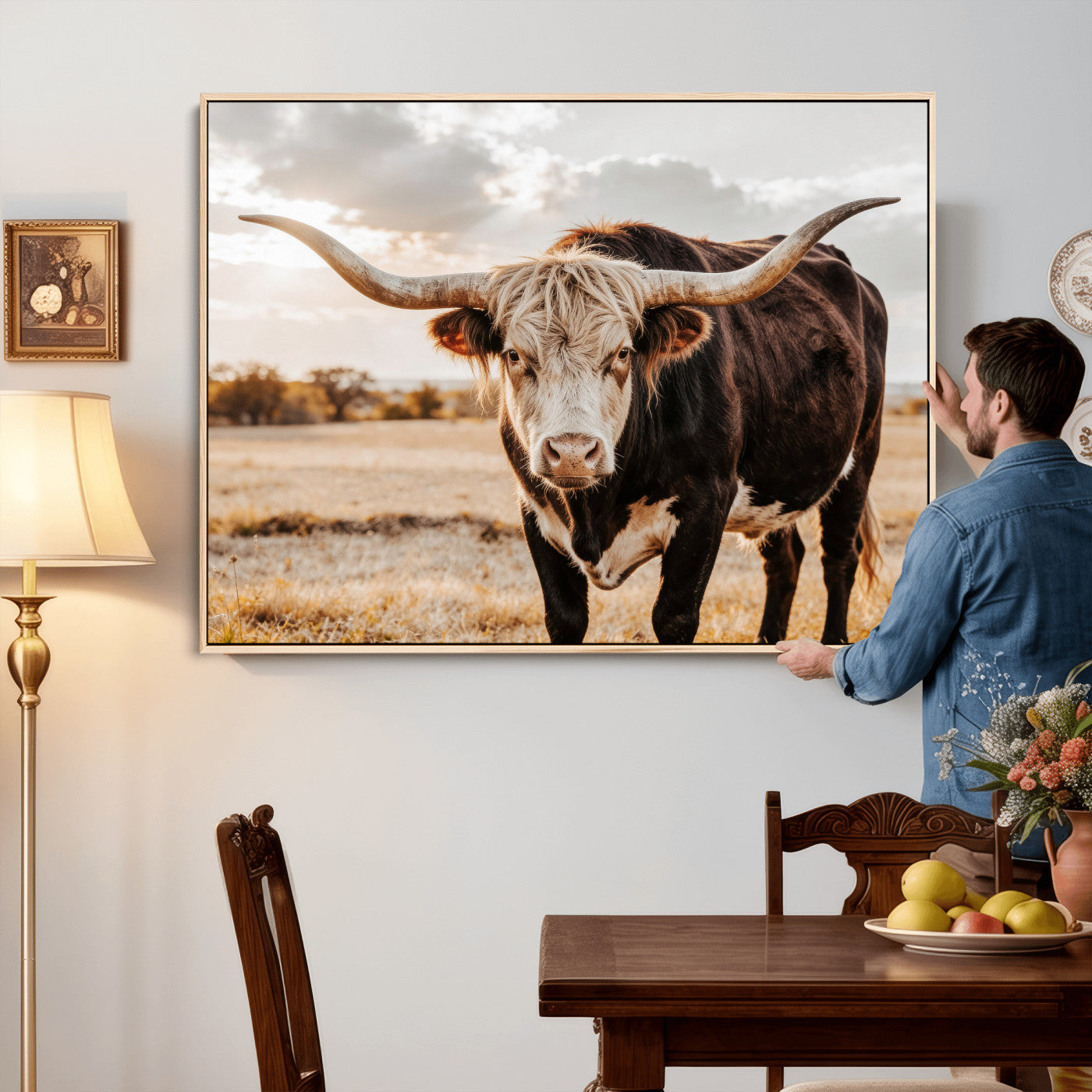 88230279-MGV-CV-36X24 - Texas Longhorn Bull Rustic Wall Art Canvas Print, Western Cattle Photography Canvas Print, Ranch Farm Animal Western Art Printing