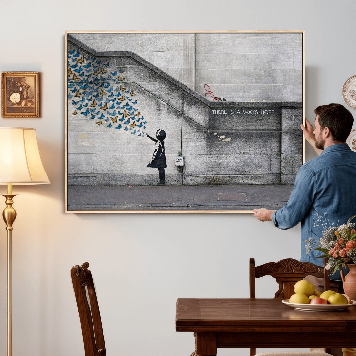 15274223-MGV-CV-36X24 - Banksy Girl with Butterflies Street Art Wall Art Canvas Print, Hope Graffiti Urban Art Canvas Print, Minimalist Inspirational Street Art Contemporary Art Printing