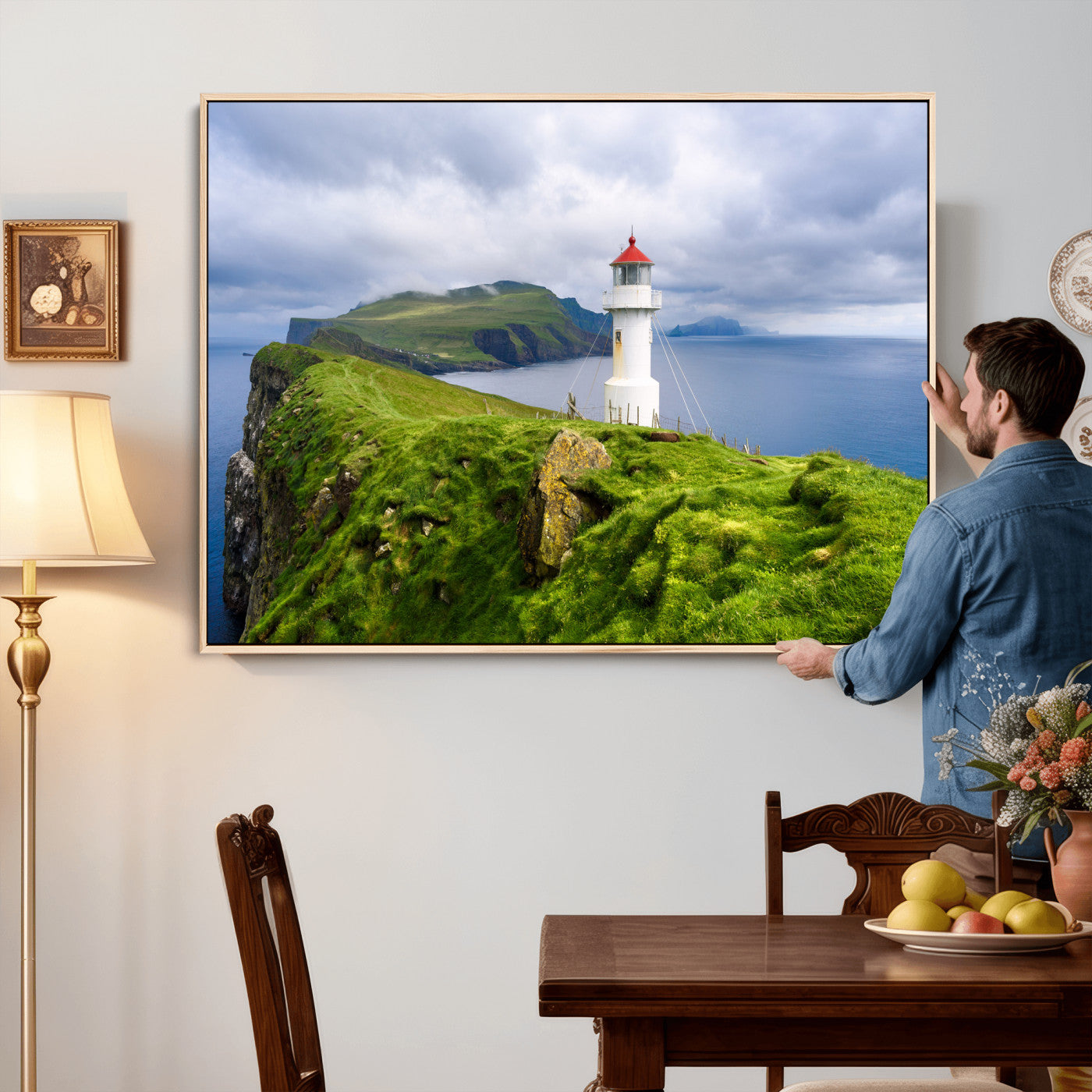 10680390-MGV-CV-36X24 - Coastal Lighthouse Wall Art Canvas Print, Cliffside Ocean Landscape Canvas Print, Scandinavian Coastal Decor for Living Room