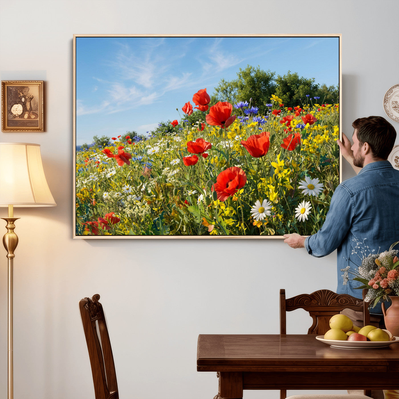 38570784-MGV-CV-36X24 - Wildflower Meadow Wall Art Canvas Print – Colorful Poppy and Daisy Field Landscape Artwork for Living Room Decor