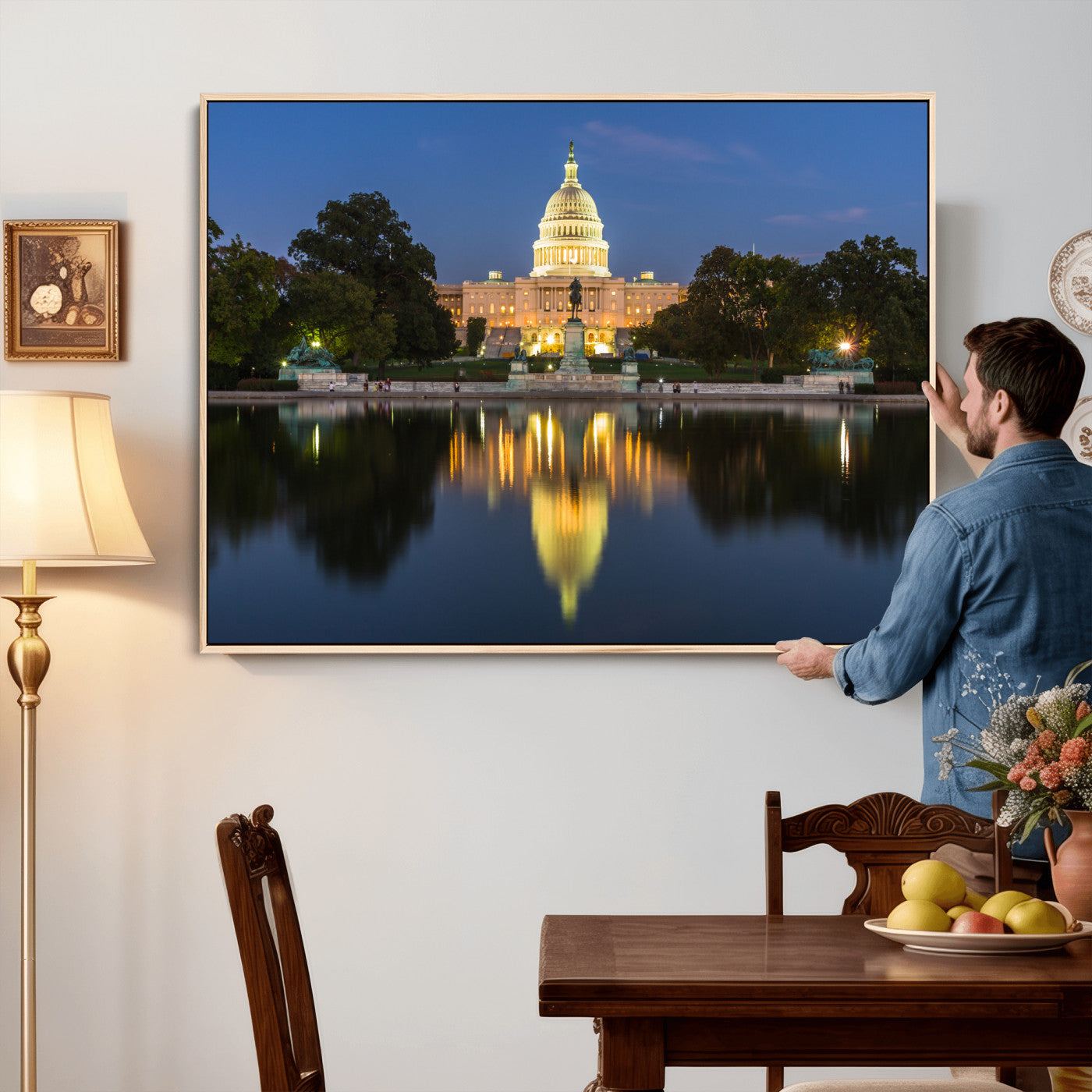95568590-MGV-CV-36X24 - US Capitol Building Wall Art Canvas Print – Washington DC Landmark Night Reflection Artwork for Office Decor