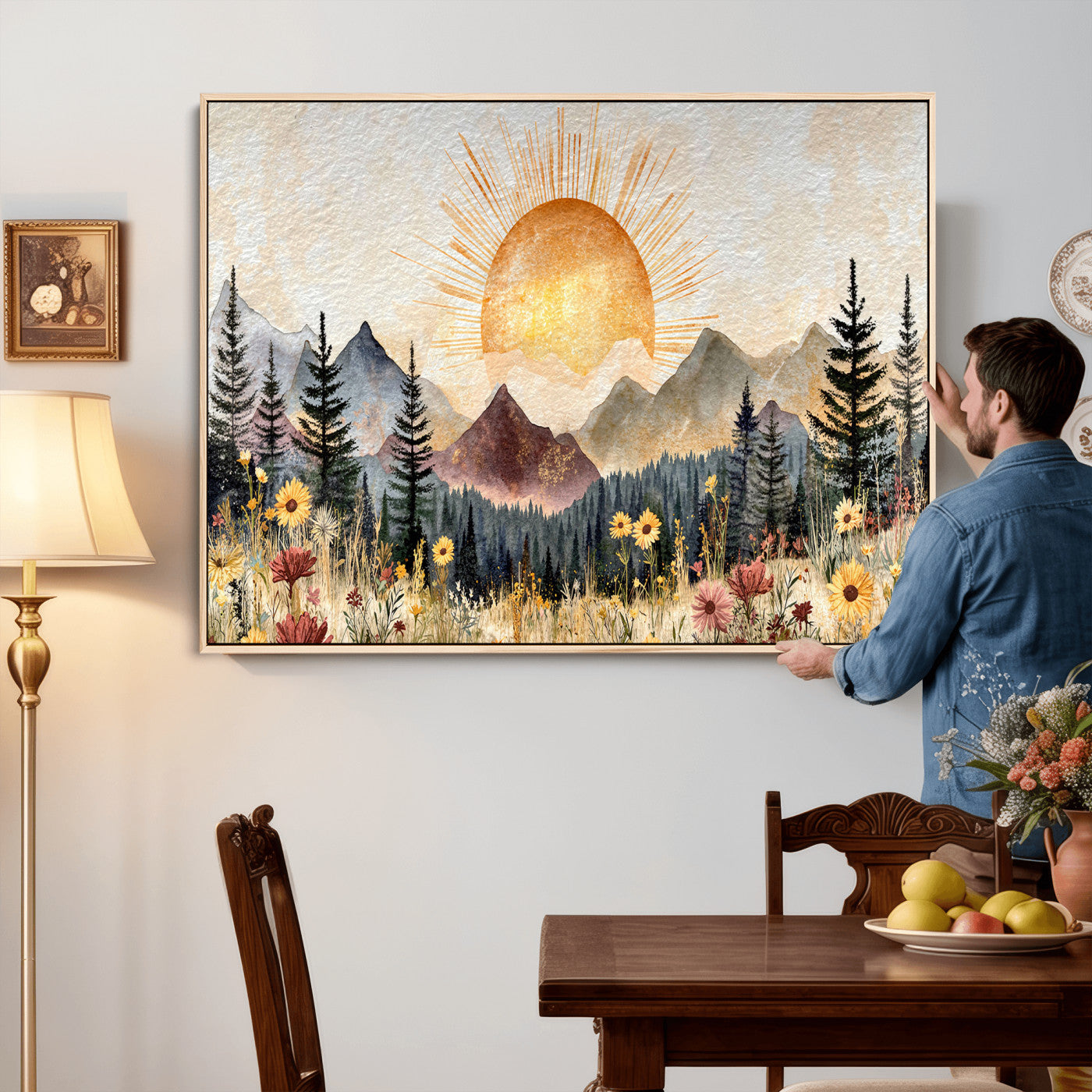 69025244-MGV-CV-36X24 - Boho Mountain Landscape Large Wall Art, Horizontal Gold Framed Canvas Print with Sun and Flowers