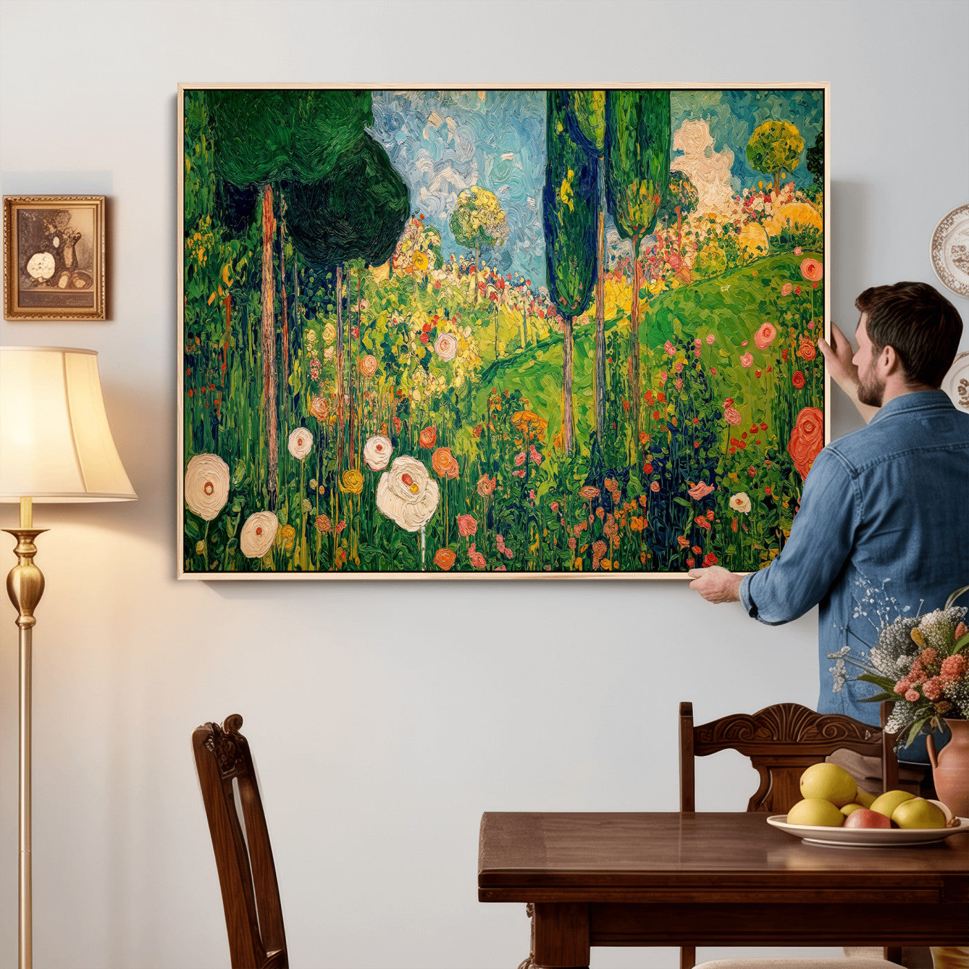 83517974-MGV-CV-36X24 - Gustav Klimt Boho Mountain Landscape Large Wall Art, Horizontal Gold Framed Canvas Print with Sun and Flowers