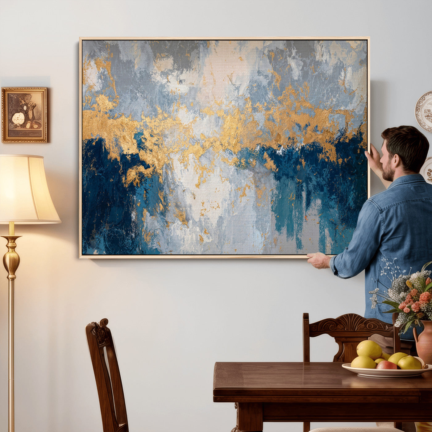 65386119-MGV-CV-36X24 - Blue Gold Abstract Large Framed Canvas Wall Art, Modern Luxury Painting Print in Horizontal Oversized Minimal Wall Decor Artwork