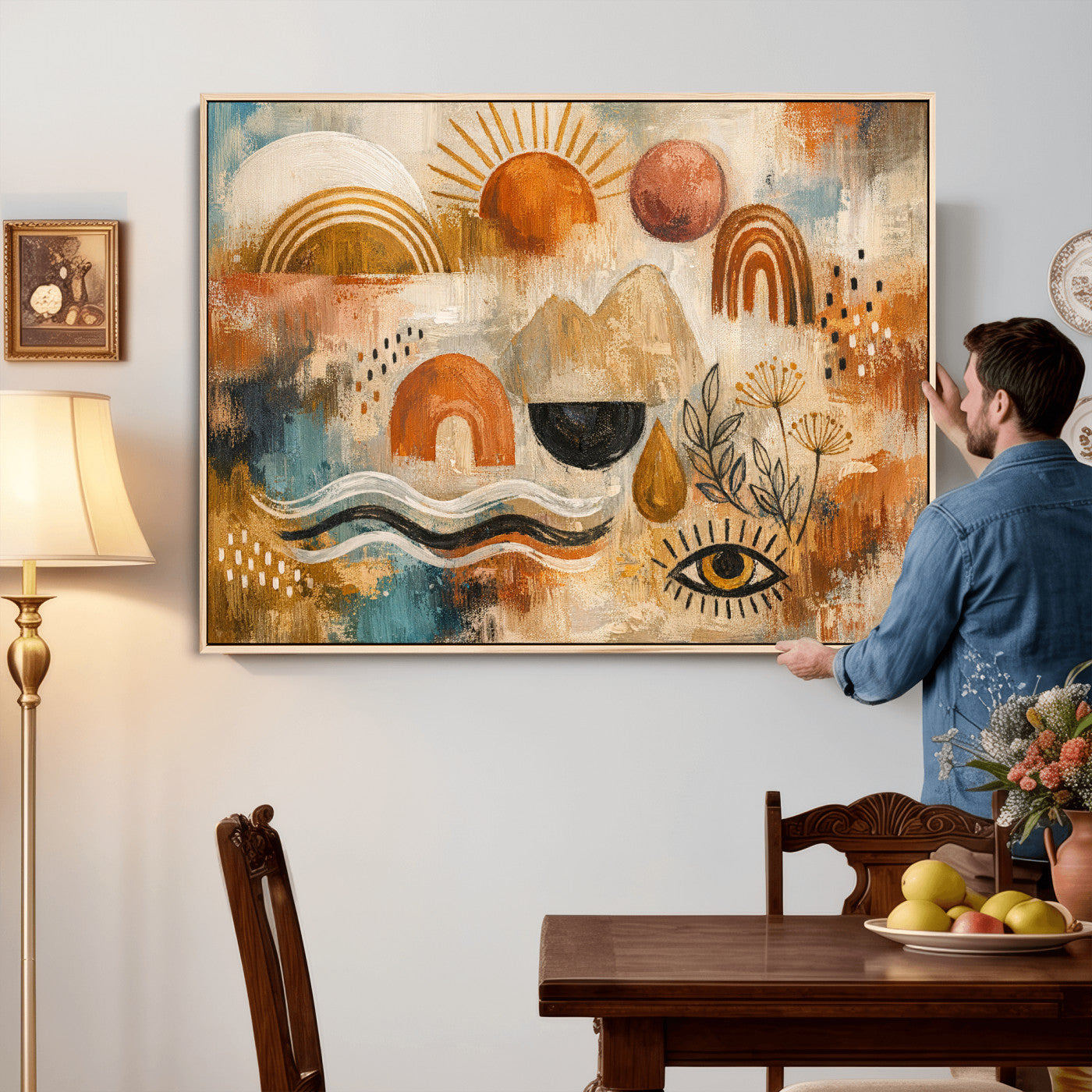 52155239-MGV-CV-36X24 - Geometric Boho Abstract Wall Art Canvas Print, Orange Blue Abstract Expressionist Painting Print, Modern Geometric Abstract Canvas Art