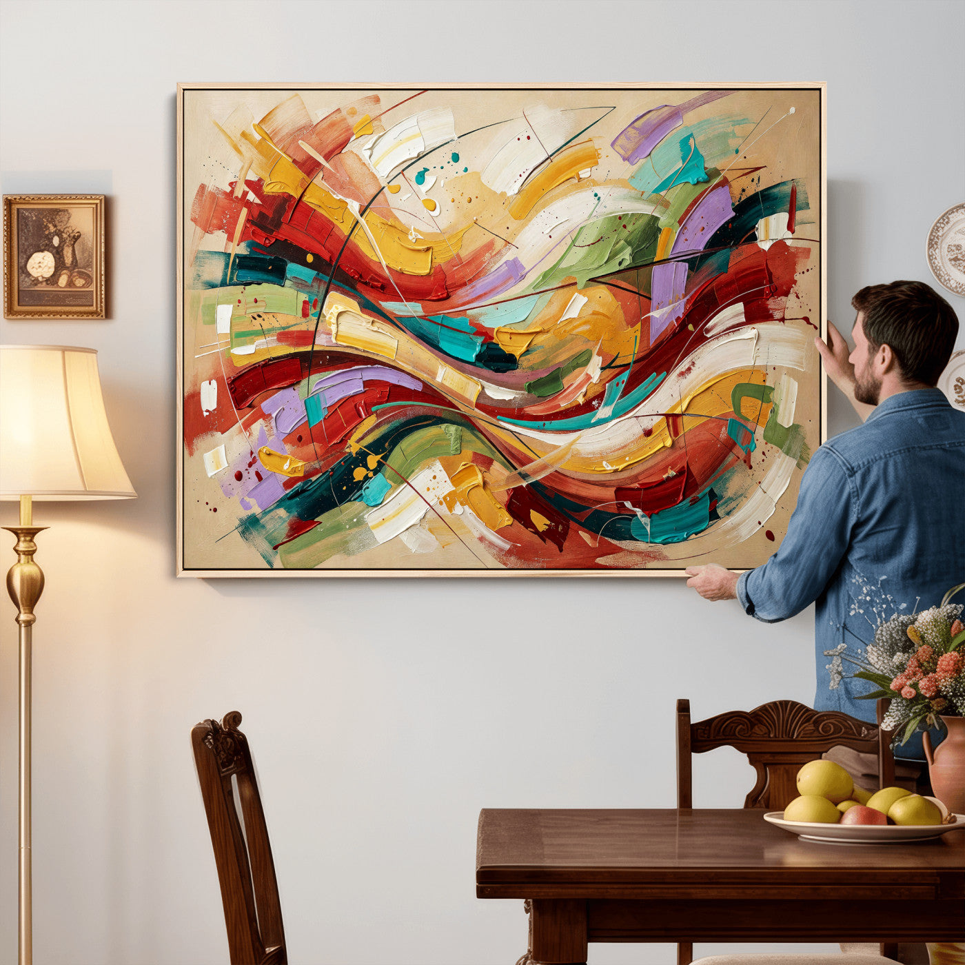 39887645-MGV-CV-36X24 - Geometric Abstract Wall Art Canvas Print, Orange Blue Abstract Expressionist Painting Print, Modern Geometric Abstract Canvas Art