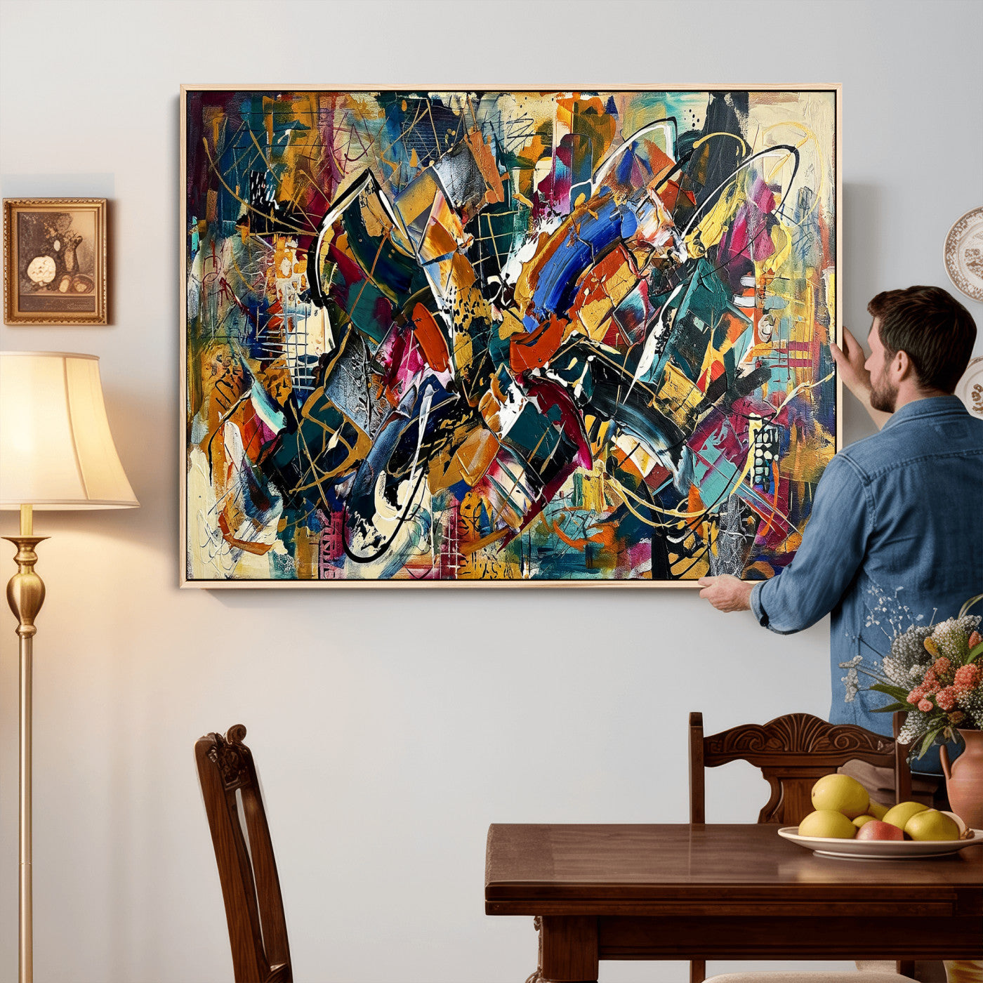 15525527-MGV-CV-36X24 - Geometric Abstract Wall Art Canvas Print, Orange Blue Abstract Expressionist Painting Print, Modern Geometric Abstract Canvas Art