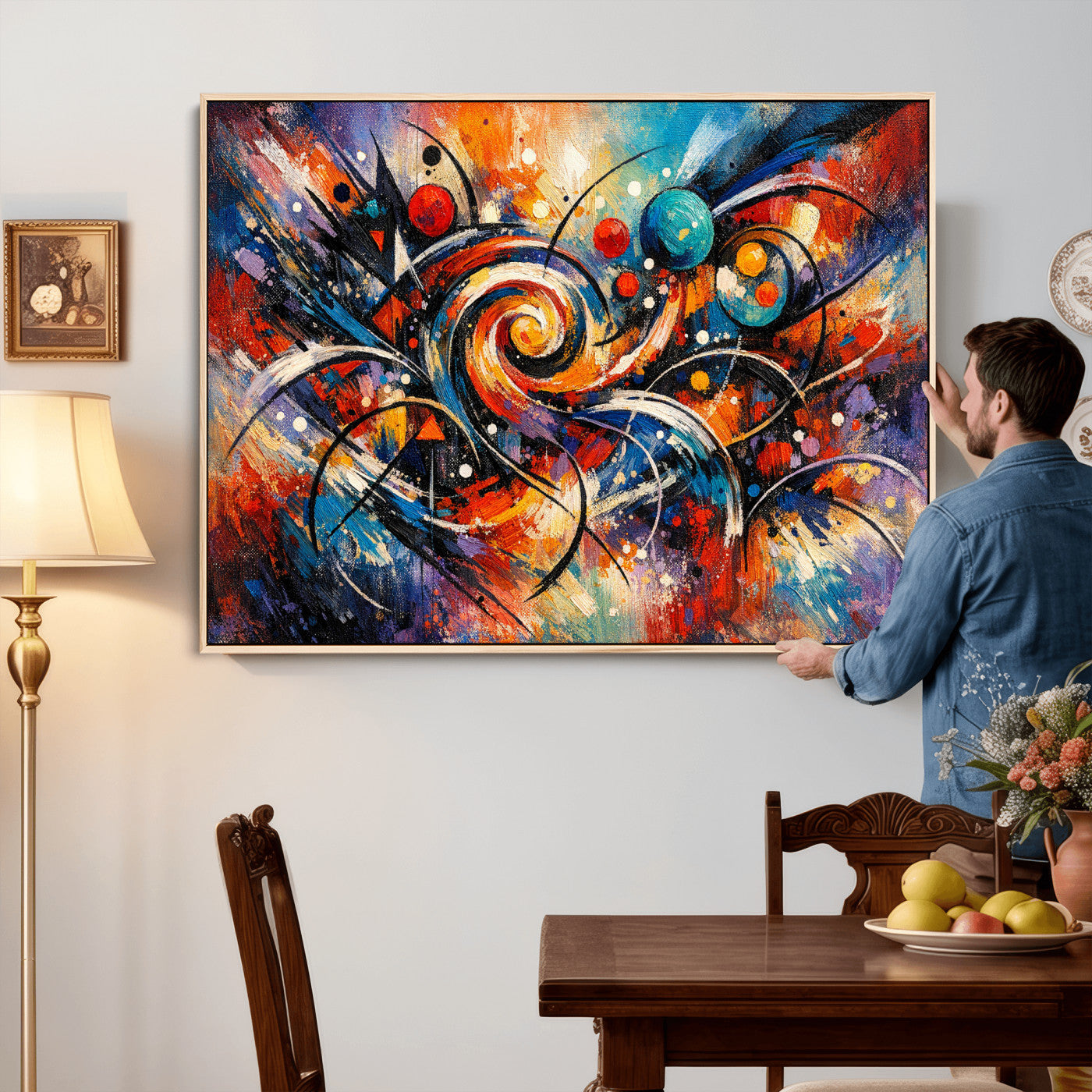 60193267-MGV-CV-36X24 - Geometric Abstract Wall Art Canvas Print, Orange Blue Abstract Expressionist Painting Print, Modern Geometric Abstract Canvas Art