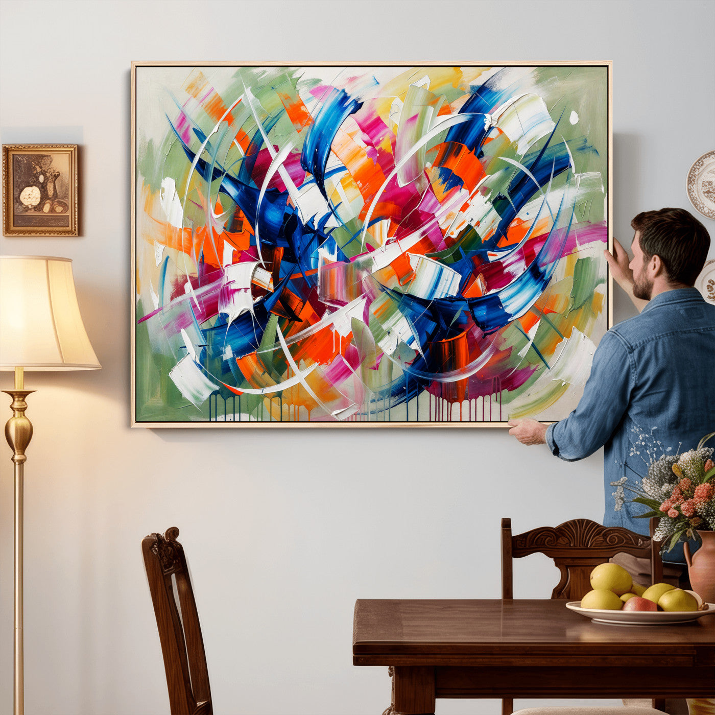 15032888-MGV-CV-36X24 - Geometric Abstract Wall Art Canvas Print, Orange Blue Abstract Expressionist Painting Print, Modern Geometric Abstract Canvas Art