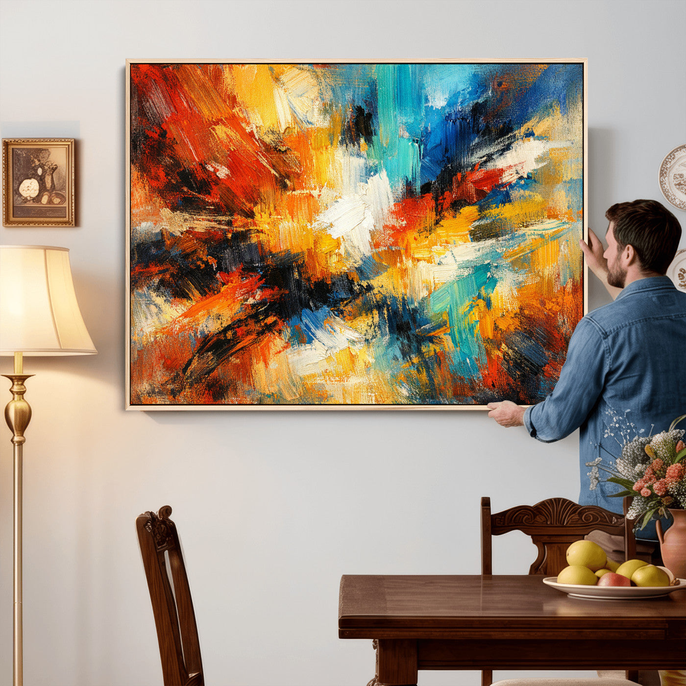 93167583-MGV-CV-36X24 - Geometric Abstract Wall Art Canvas Print, Orange Blue Abstract Expressionist Painting Print, Modern Geometric Abstract Canvas Art