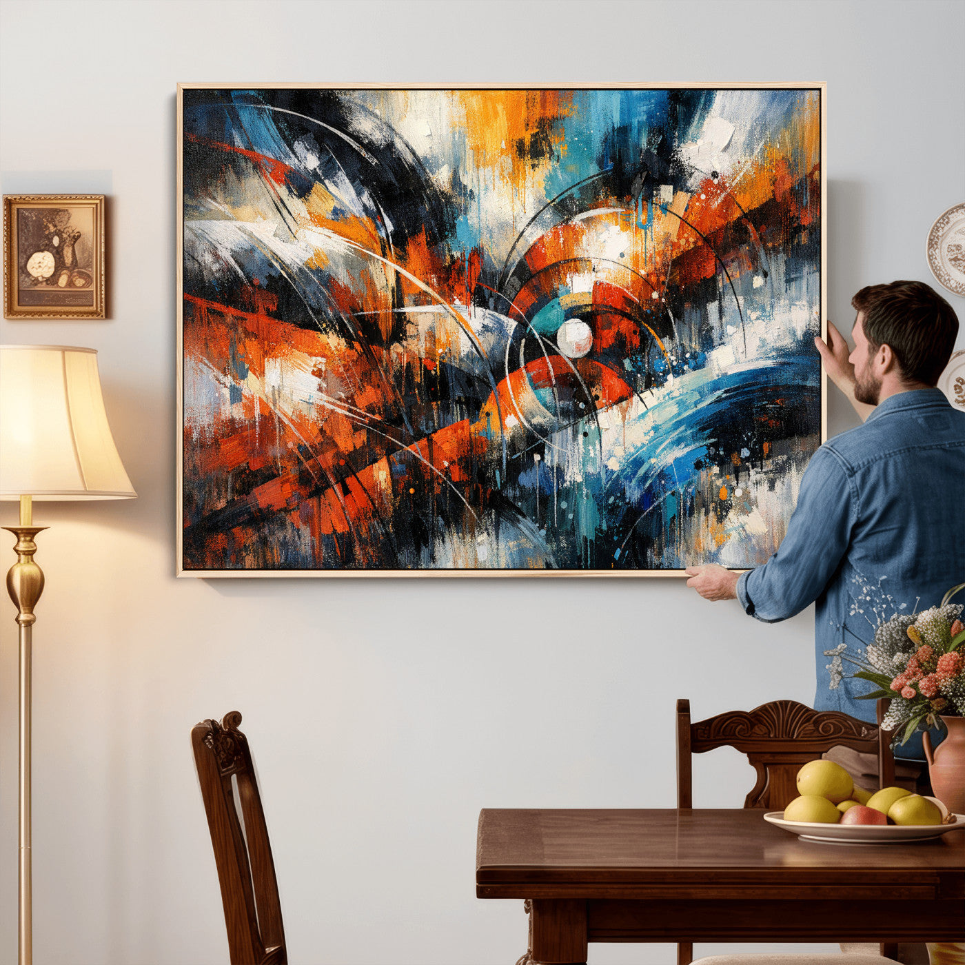 47120691-MGV-CV-36X24 - Geometric Abstract Wall Art Canvas Print, Orange Blue Abstract Expressionist Painting Print, Modern Geometric Abstract Canvas Art