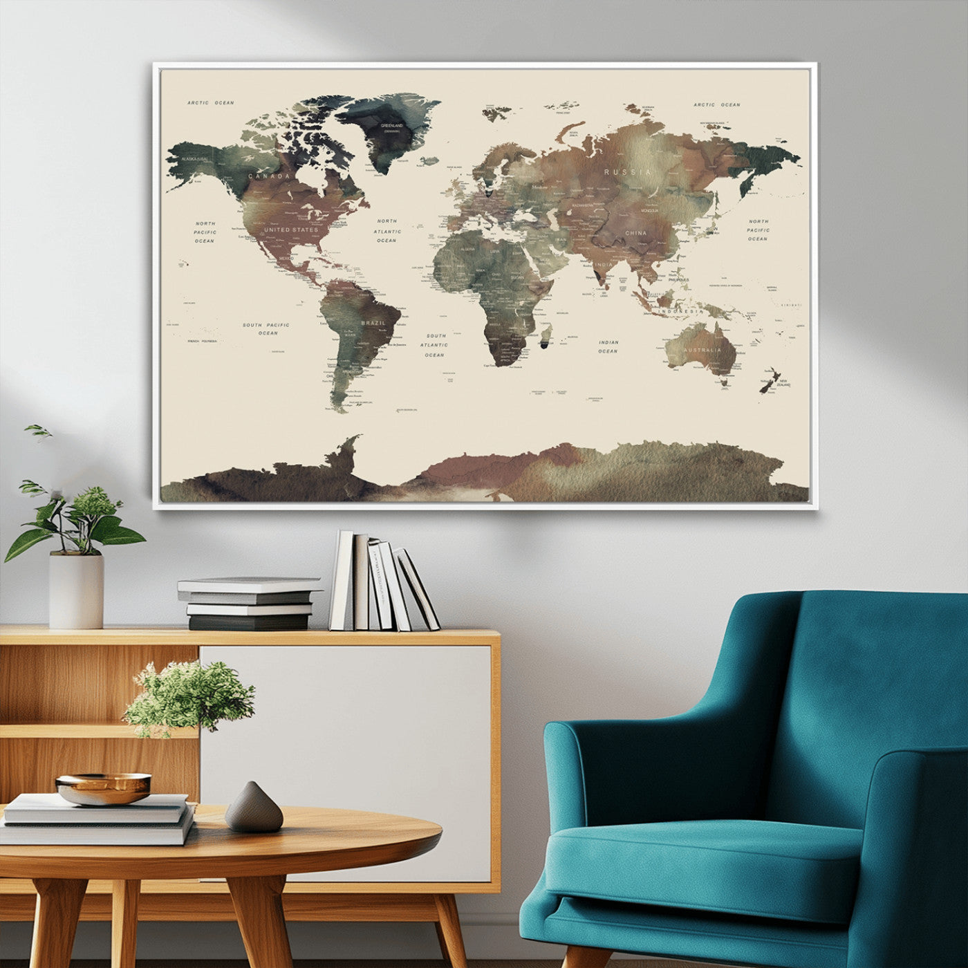 23199-MGV-CV-36X24-Neutral Watercolor World Map Canvas Wall Art – Framed Earth Tone Map Print, Minimalist Travel Artwork for Modern Home and Office Decor