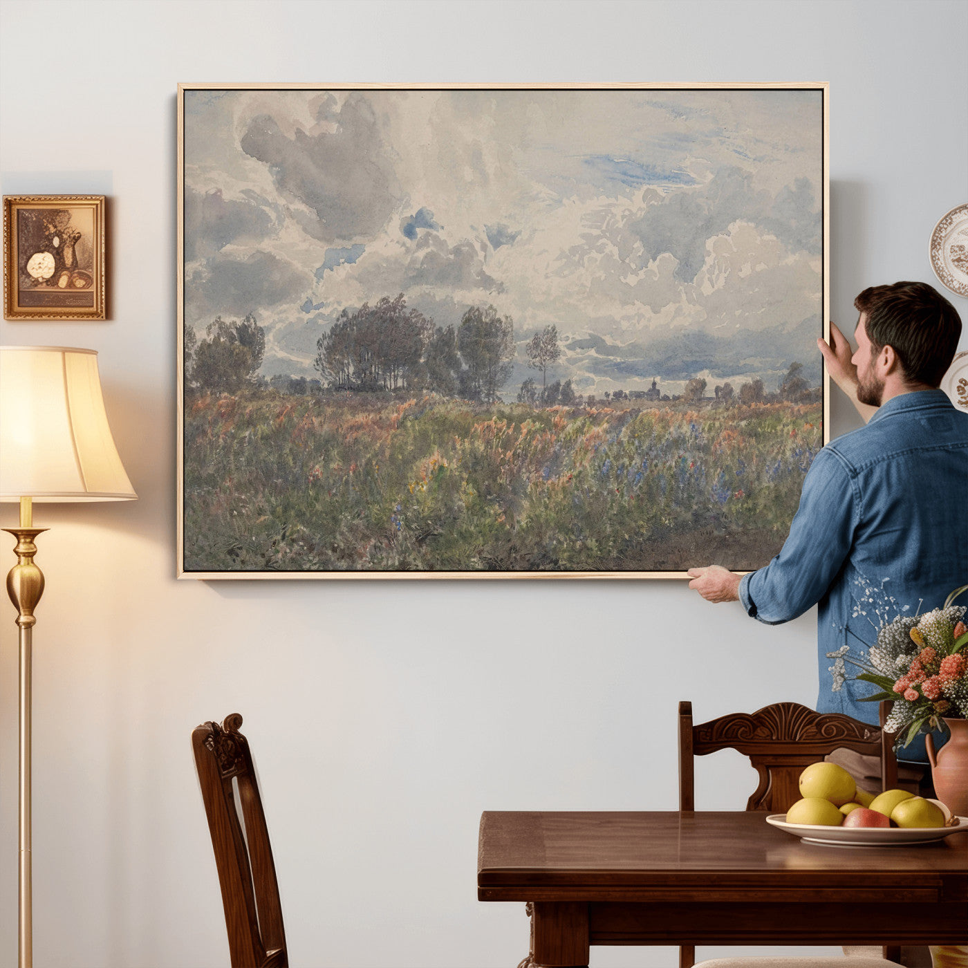 76626885-MGV-CV-36X24 - Vintage Watercolor Meadow Canvas Wall Art — English Pastoral Wildflower Storm Sky Print | Cottagecore Nature Decor | Classic Landscape Gift