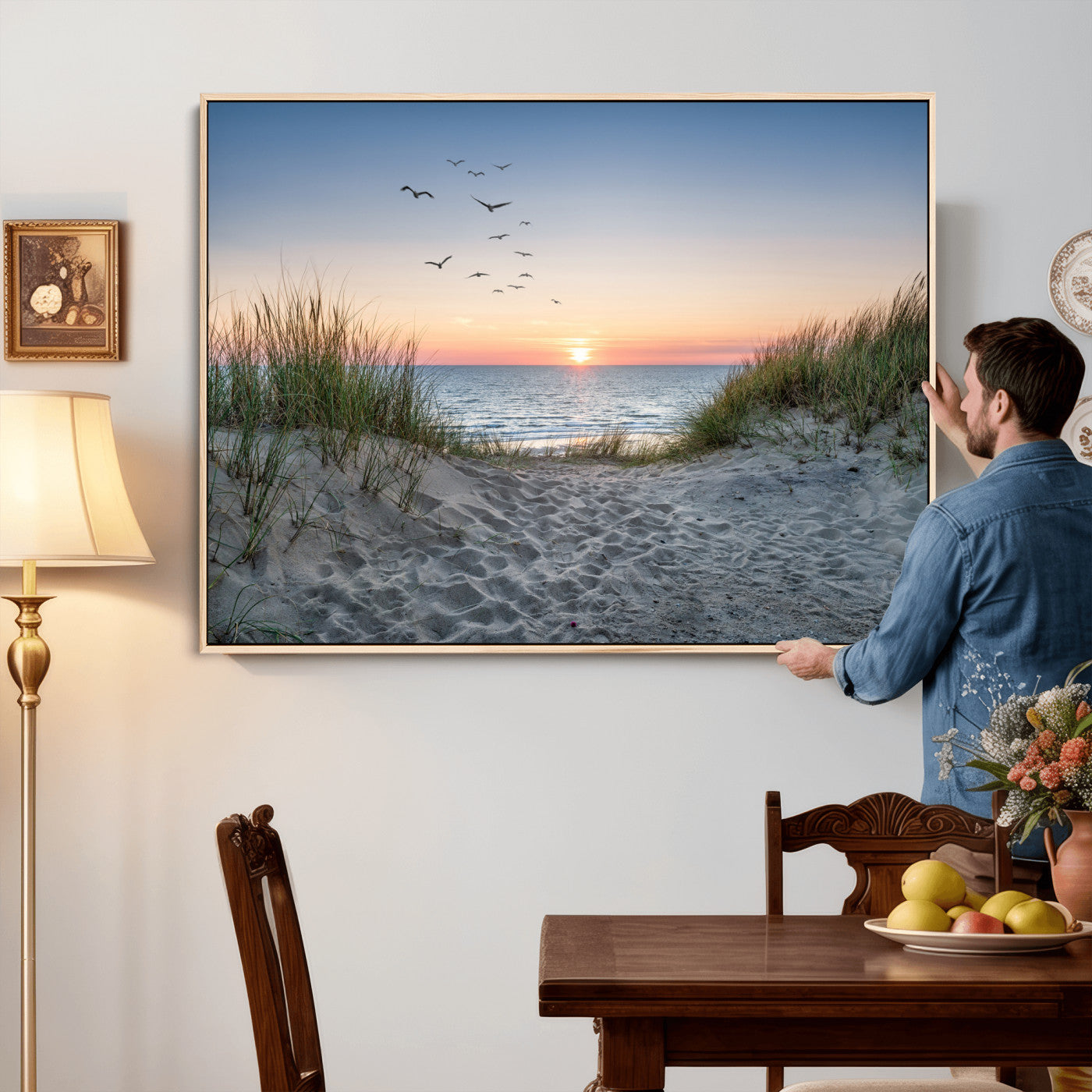 12172032-MGV-CV-36X24 - Sandy Dune Path Sunset Canvas Wall Art — Seagulls Beach Ocean Photography Print | Coastal Home Decor | Nautical Wall Art | Beach House Gift