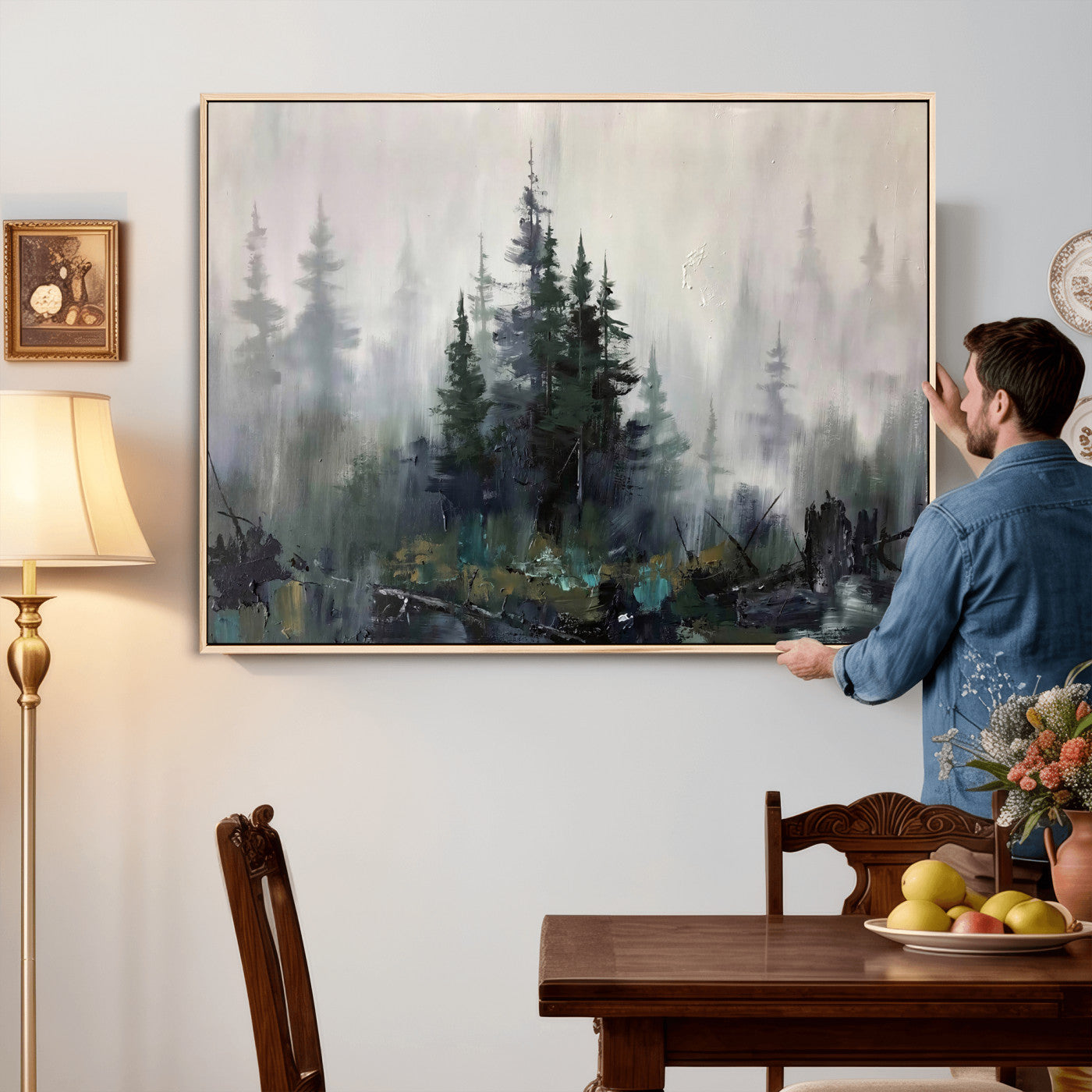 94143325-MGV-CV-36X24 - Misty Pine Forest Oil Painting Canvas — Dark Moody Teal Grey Tree Print | Japandi Scandinavian Wall Art | Minimalist Nature Decor Gift