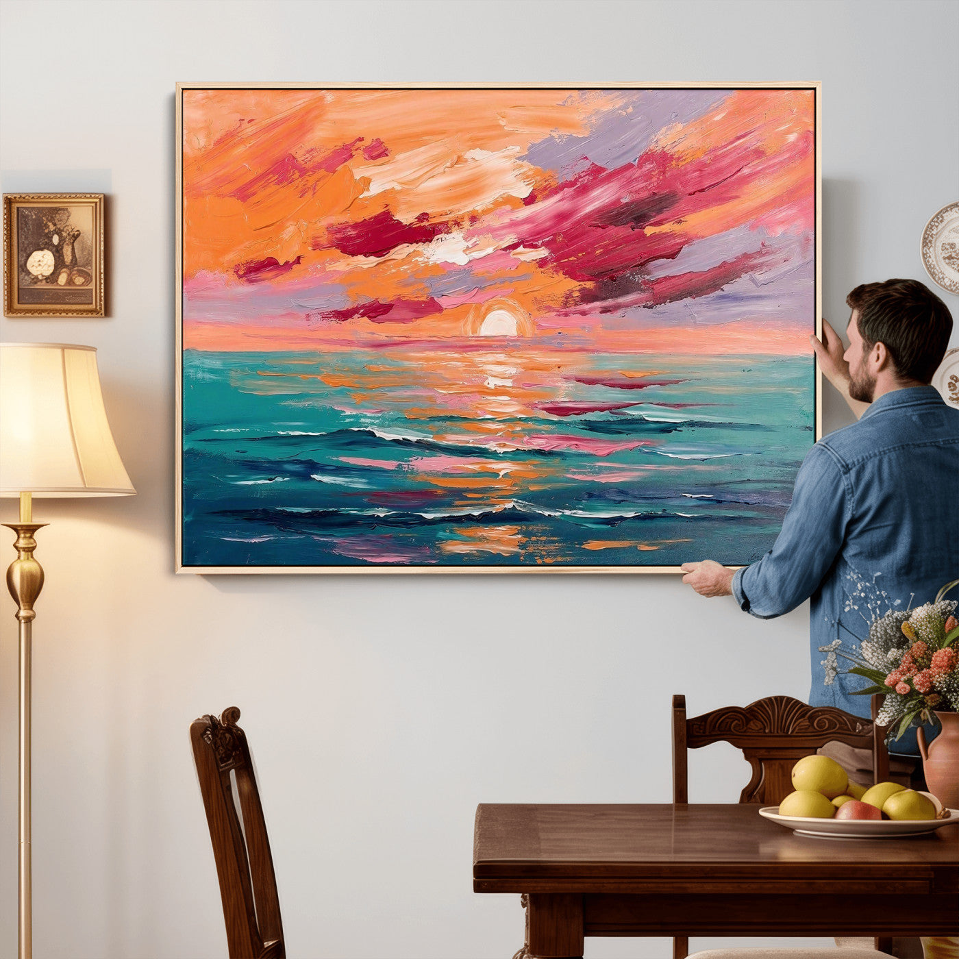 26763902-MGV-CV-36X24 - Bold Palette Knife Ocean Sunset Canvas — Orange Pink Teal Expressionist Sea Print | Colorful Coastal Wall Art | Vibrant Beach Decor Gift