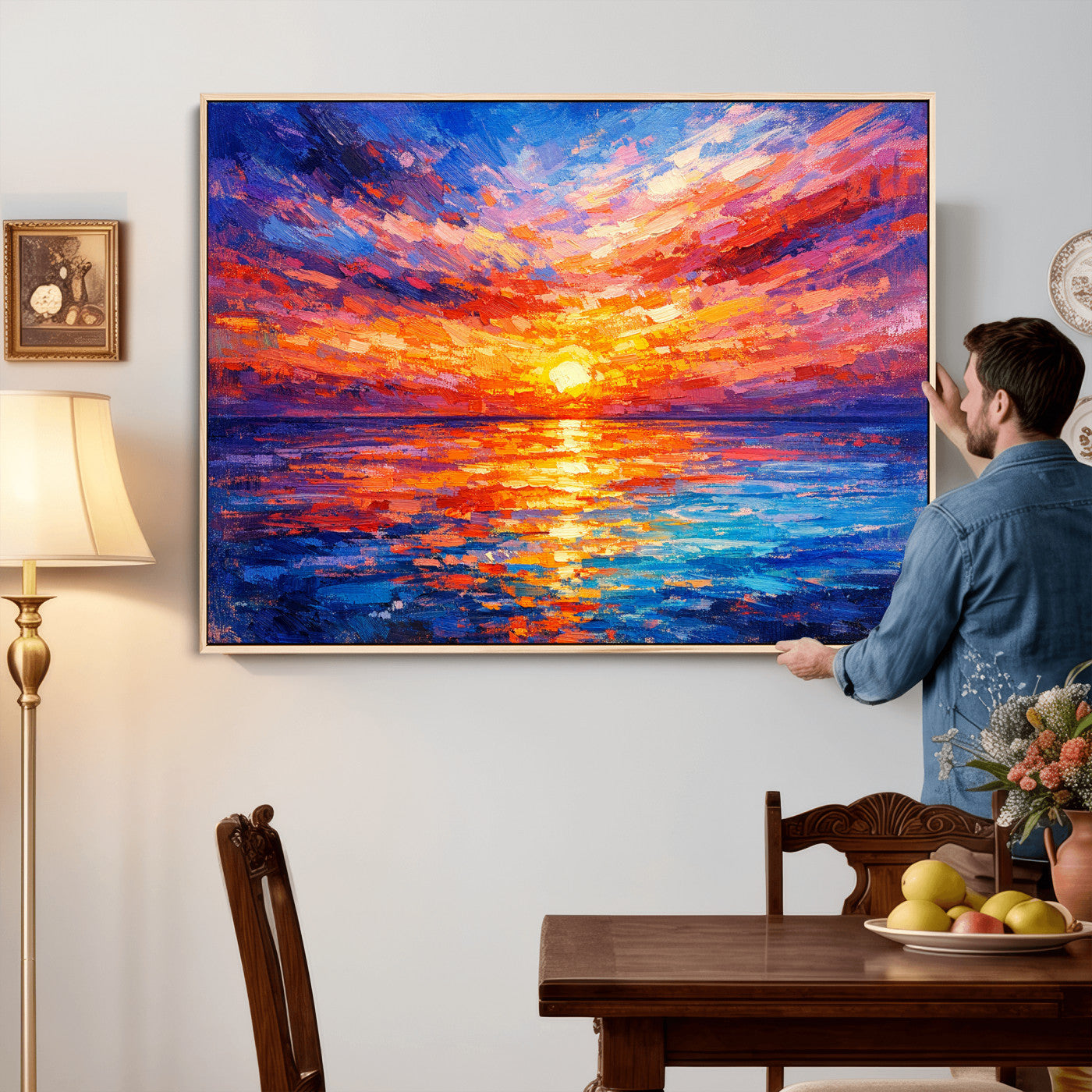 54915078-MGV-CV-36X24 - Colorful Knife Ocean Sunset Canvas — Orange Pink Teal Expressionist Sea Print | Colorful Coastal Wall Art | Vibrant Beach Decor Gift