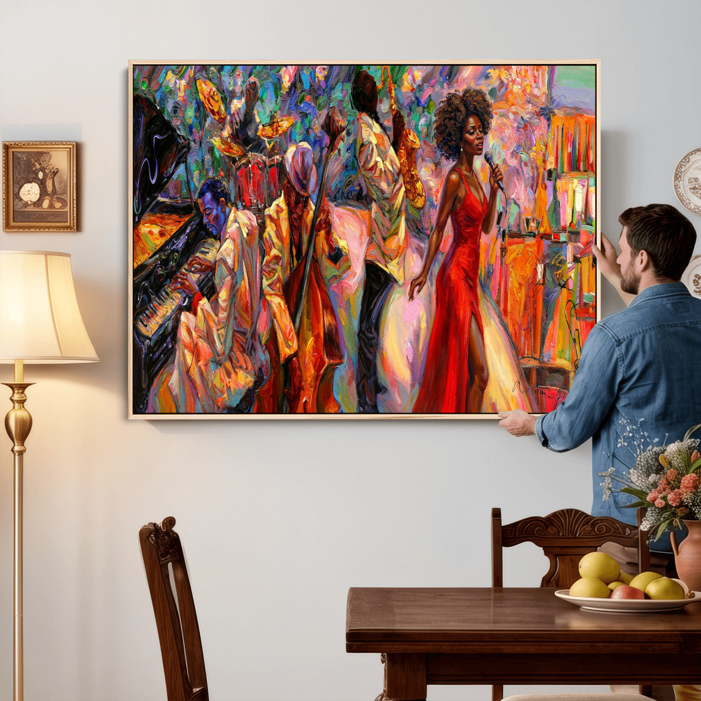 72615137-MGV-CV-36X24 - African American Jazz Singer Canvas Art - Red Dress Black Woman Music Print | Colorful Jazz Band Wall Decor | Living Room Gift for Her