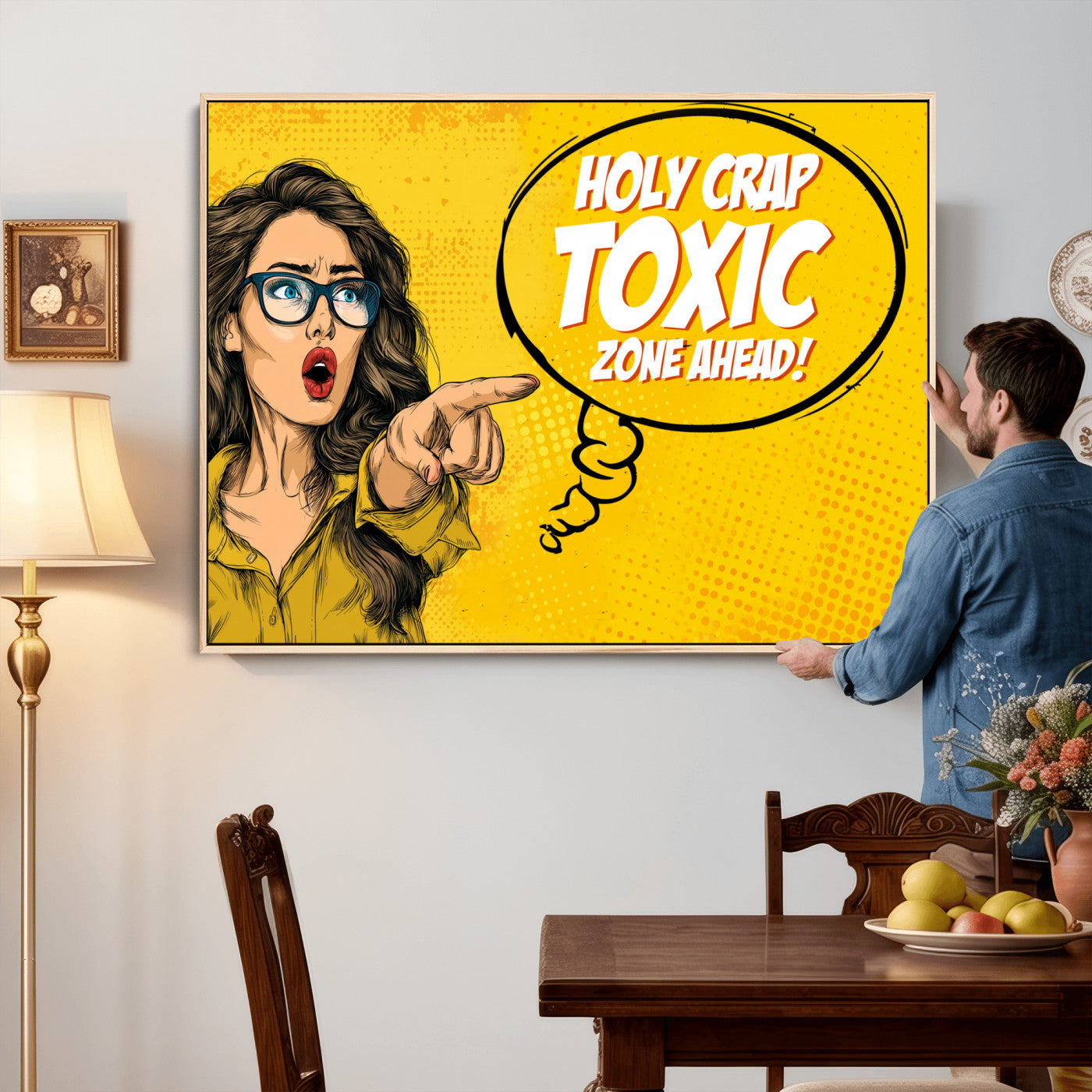79751885-MGV-CV-36X24 - Pop Art Print Bathroom Sign Wall Art Canvas Print — Funny Bathroom Canvas | Comic Style Toilet Wall Decor | Humor Gift | Yellow Bold Bathroom Art