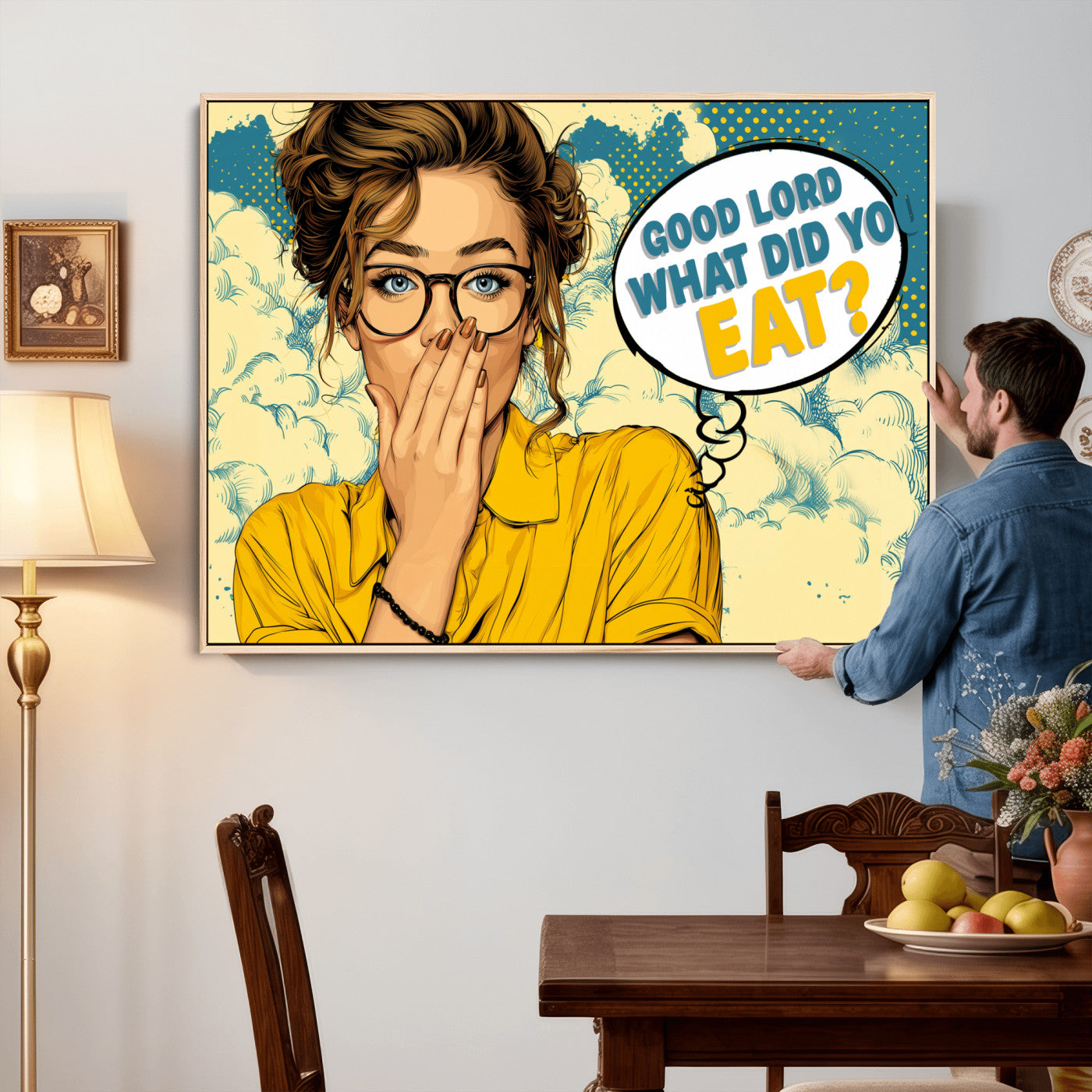 35819669-MGV-CV-36X24 - Pop Art Print Bathroom Sign Wall Art Canvas Print — Funny Bathroom Canvas | Comic Style Toilet Wall Decor | Humor Gift | Yellow Bold Bathroom Art